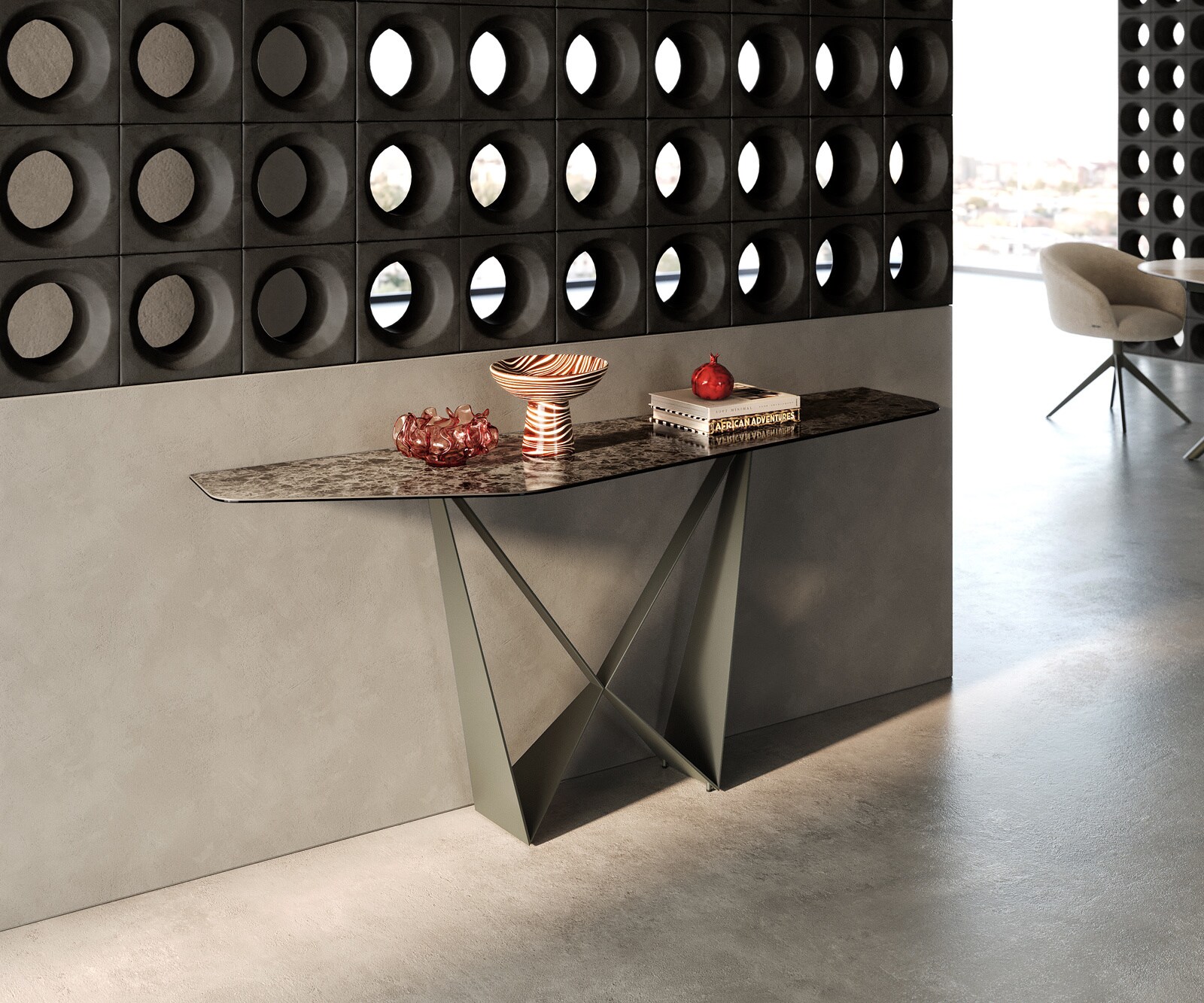 Console Edge Polygonal 180x50 cm Céramique Emperador Extra Lucidato Dunkelbraun Spios Métal Effektfinish Titan 4