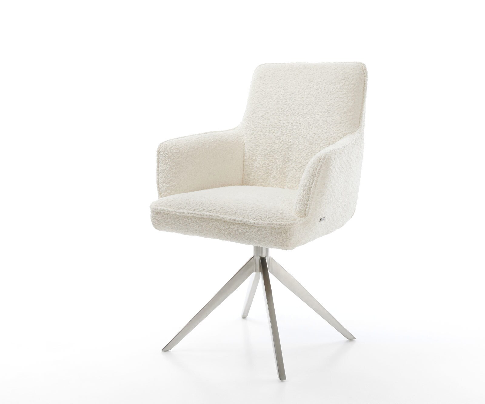Chaise-pivotante Heira-Flex bouclé blanc pied croisé large acier inoxydable brossé pivotement sur 360° fonction bascule ressorts ensachés