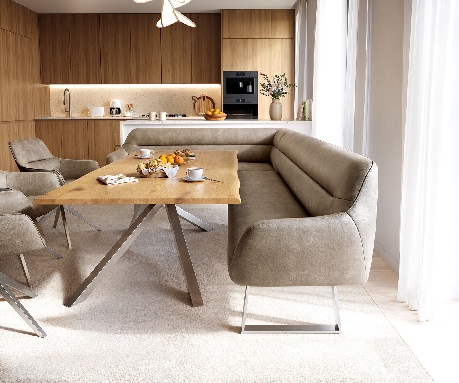Banc-de-salle-à-manger Taya-Flex 285x190 cm microfibre beige vintage piètement à patins angulaire acier inoxydable ressort ensaché à droite 2