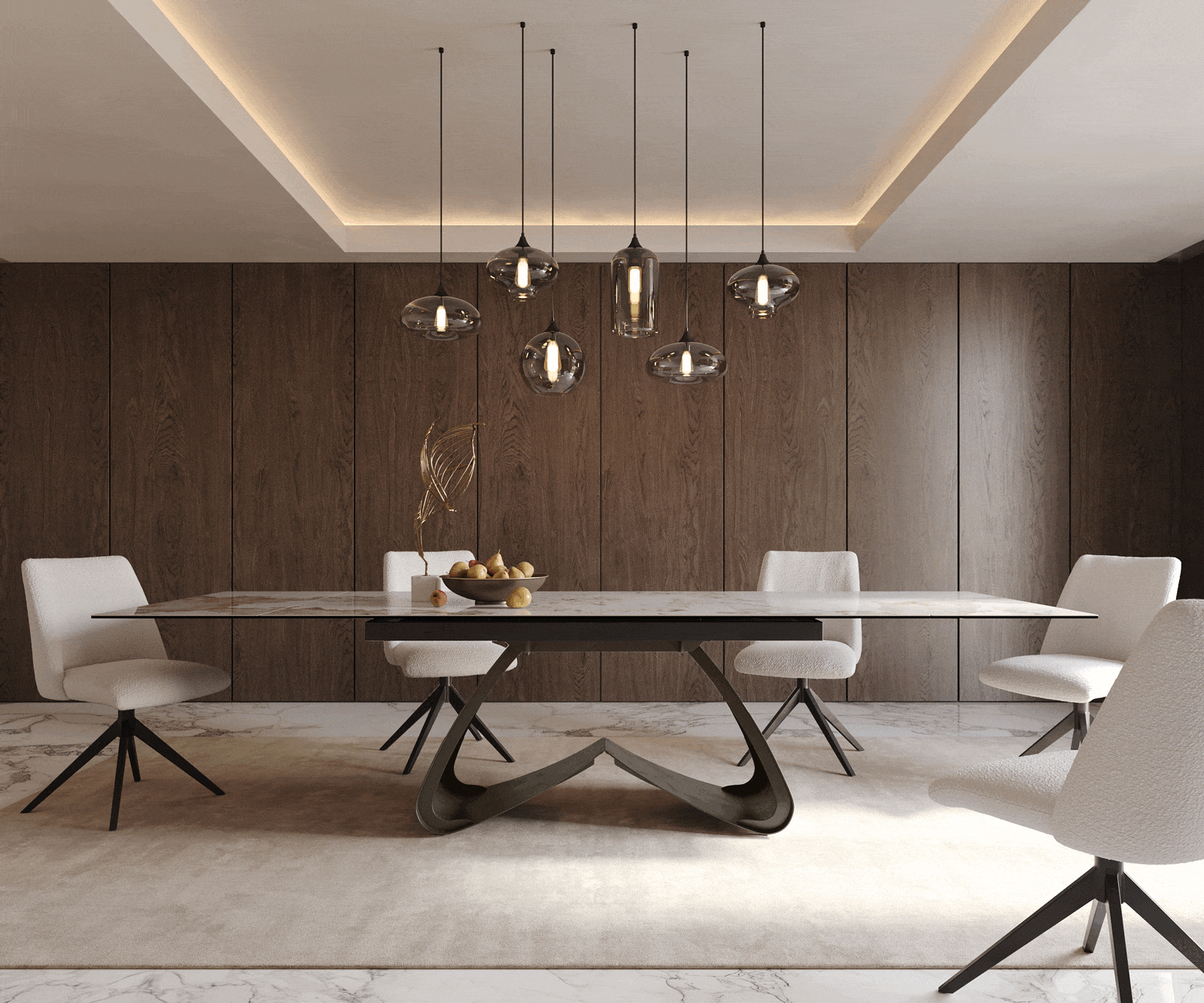 Table à manger Edge 200-300x100 Céramique Minas Melange Blanc-Beige cadre en W Effet Titane Extensible 1