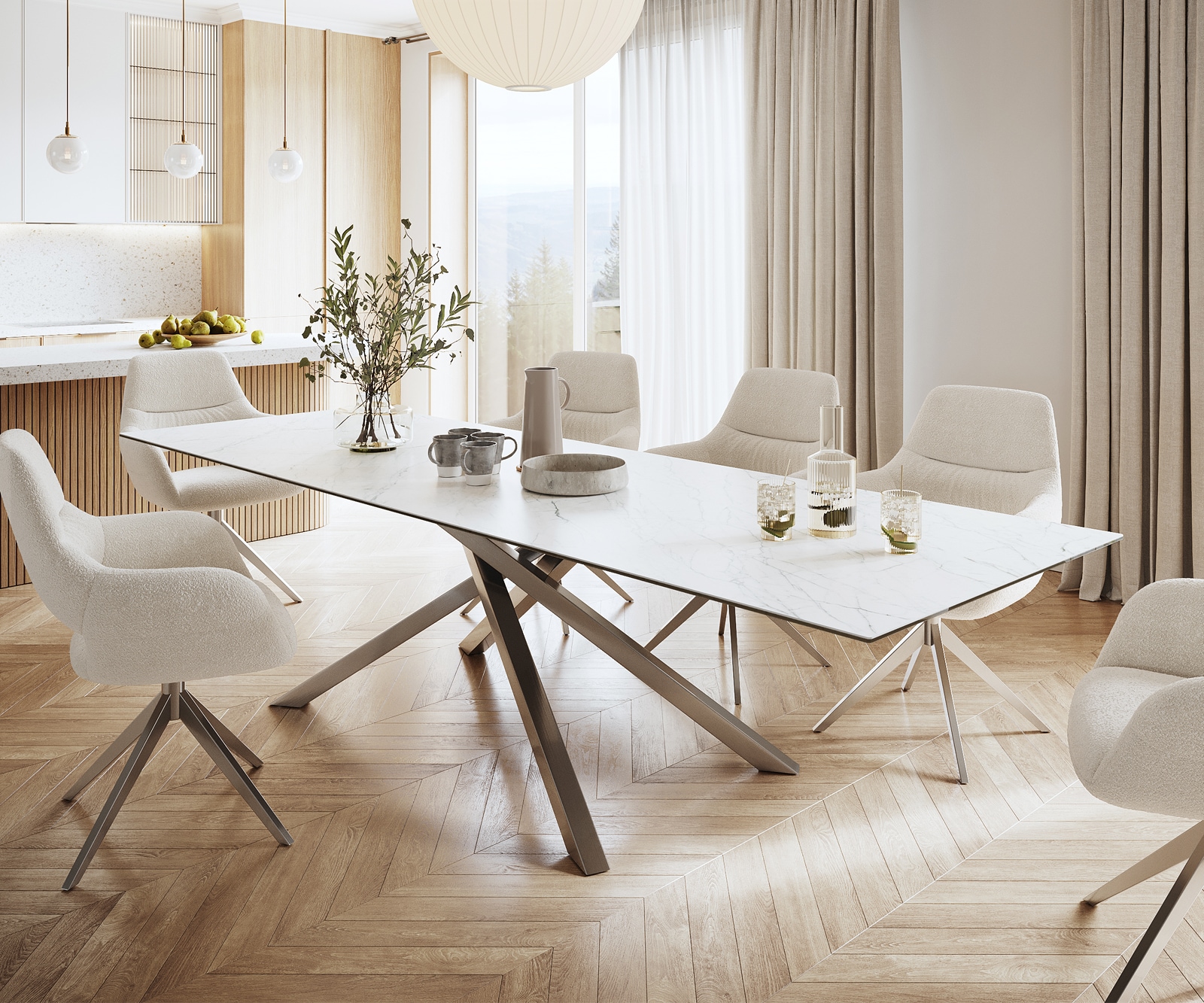 Table-à-manger Edge 300x100cm Laminam® céramique blanc pieds milieu croisé argent 1