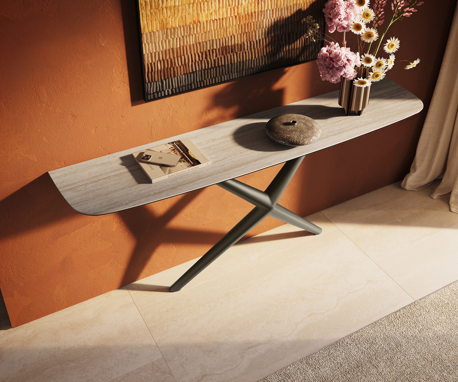 Console Edge forme bateau 180x40 cm Céramique Laminam® Travertino Bianco Creme-Weiß Estelo Métal Effektfinish Titan 4
