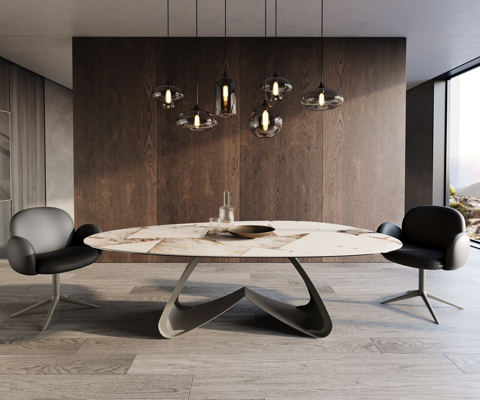 Table à manger Edge ovalee 220x120 céramique Iris FMG Patagonia Lappato cadre en W métal effet finition titanee 2