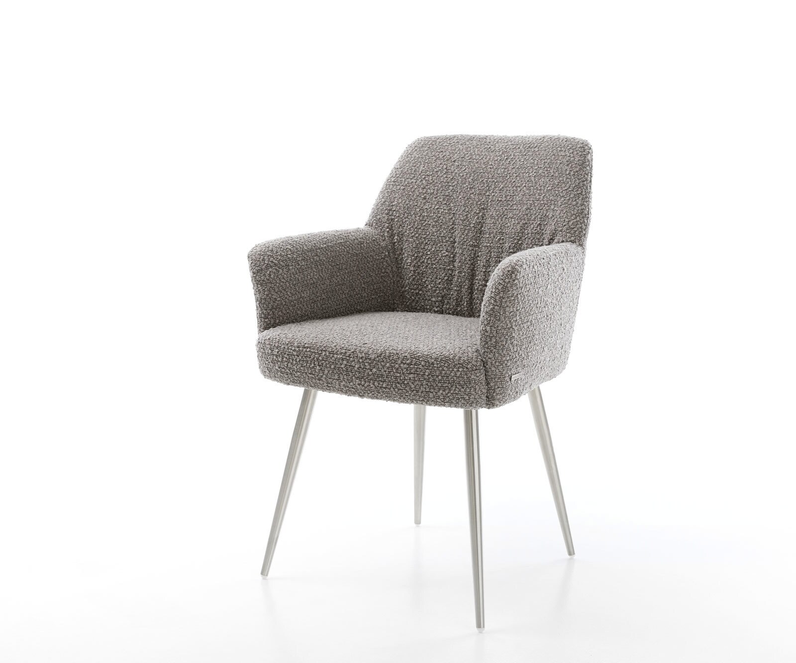 Chaise-de-salle-à-manger Xana-Flex avec accoudoirs bouclé gris argenté 4 pieds coniques acier inoxydable brossé ressorts ensachés