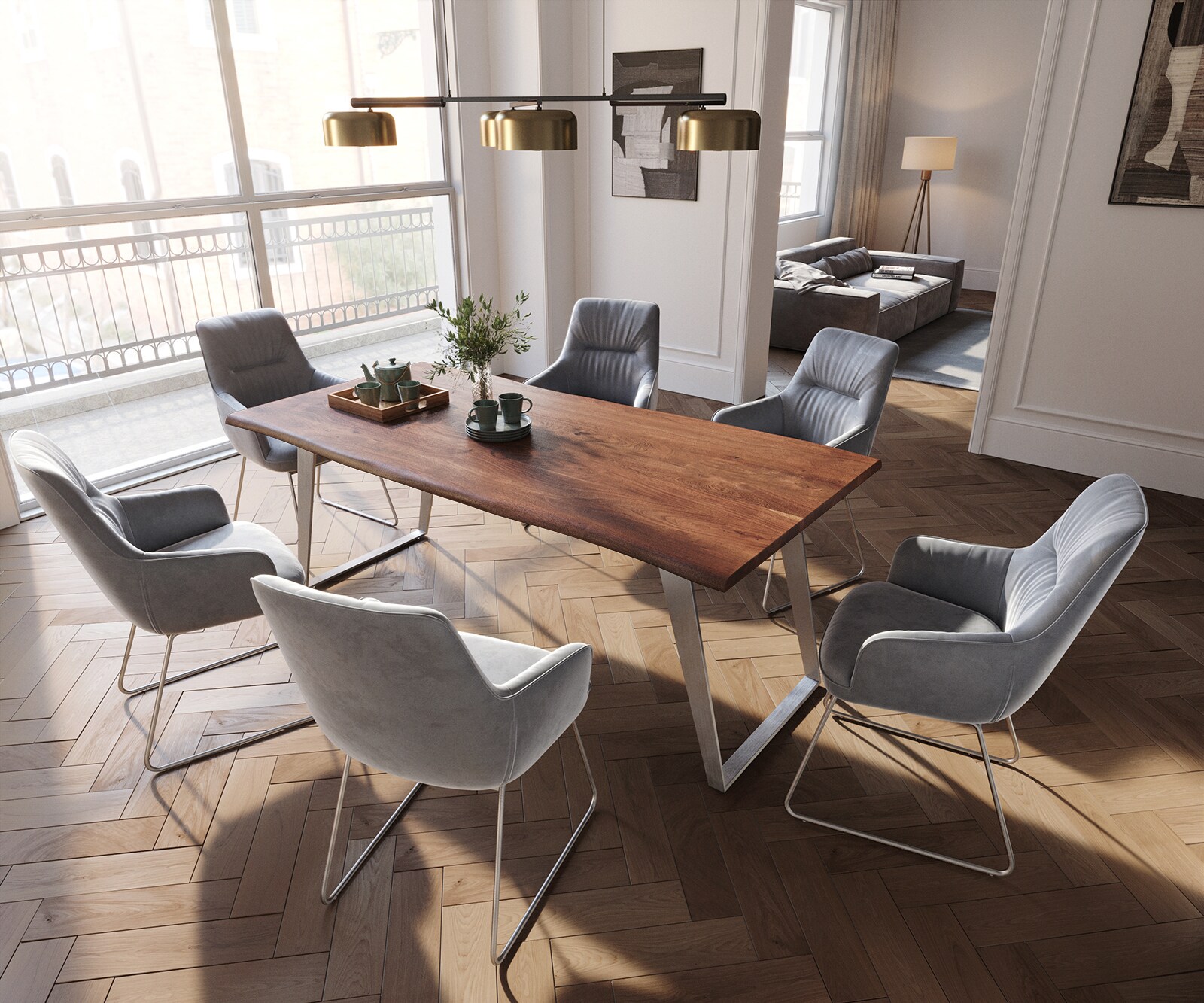 Chaise-de-salle-à-manger Zelia-Flex avec accoudoirs velours gris pied trapèze acier inoxydable brossé ressorts ensachés 3 Chaise-de-salle-à-manger Zelia-Flex avec accoudoirs velours gris pied trapèze acier inoxydable brossé ressorts ensachés 3