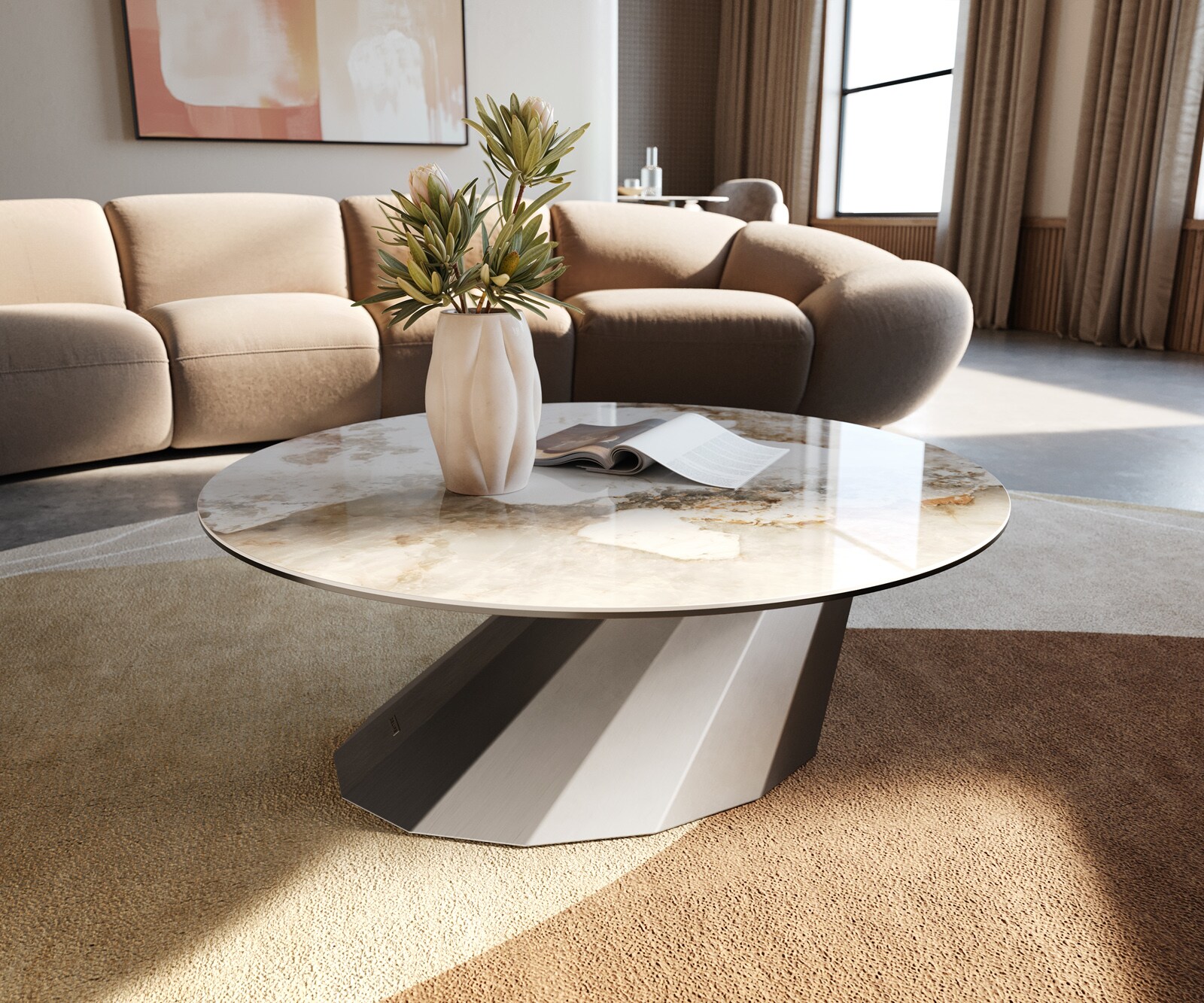 Table basse Edge rond 90x90 cm céramique Minas Melange Parabi acier inoxydable brossé 1