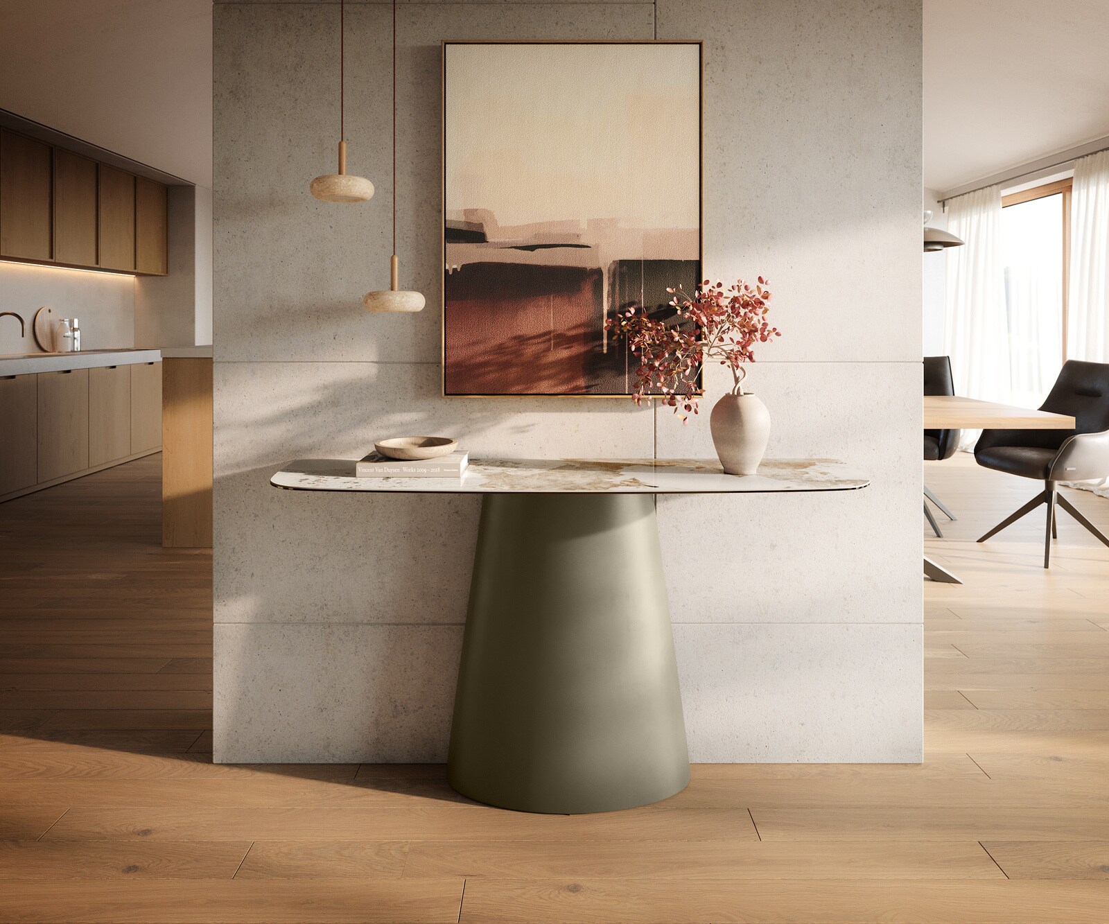 Console Edge forme bateau 140x40 cm Céramique Minas Melange Weiß-Beige Conos Métal Effektfinish Titan 3
