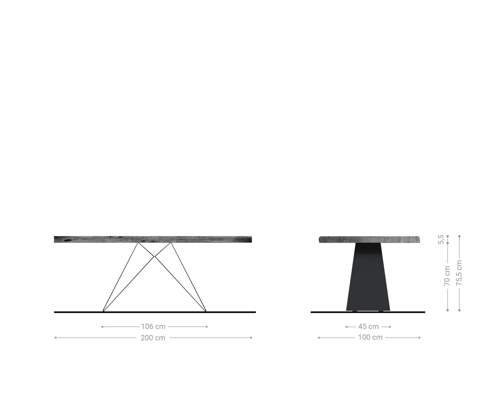 Table à manger Edge 200x100 XL acacia naturel piétement en V acier plat noir Live-Edge 6