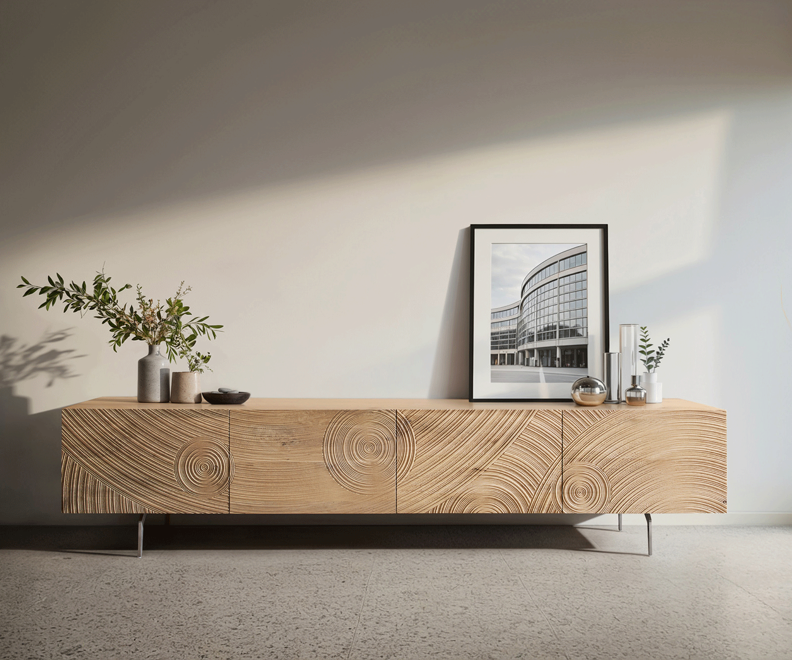Meuble-TV Ashara 220 cm chêne naturel effet 3D 4 portes pieds angulaires acier inoxydable brossé 1
