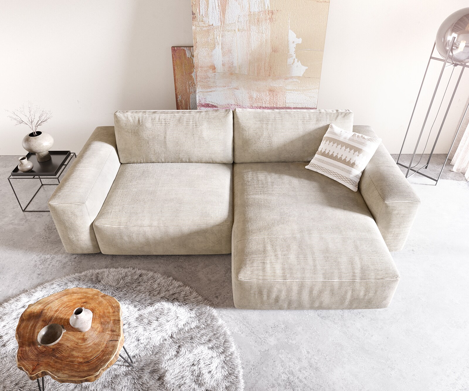 Canapé d'angle Lanzo XL 270x180 cm Velours côtelé Beige Recamière variable 3