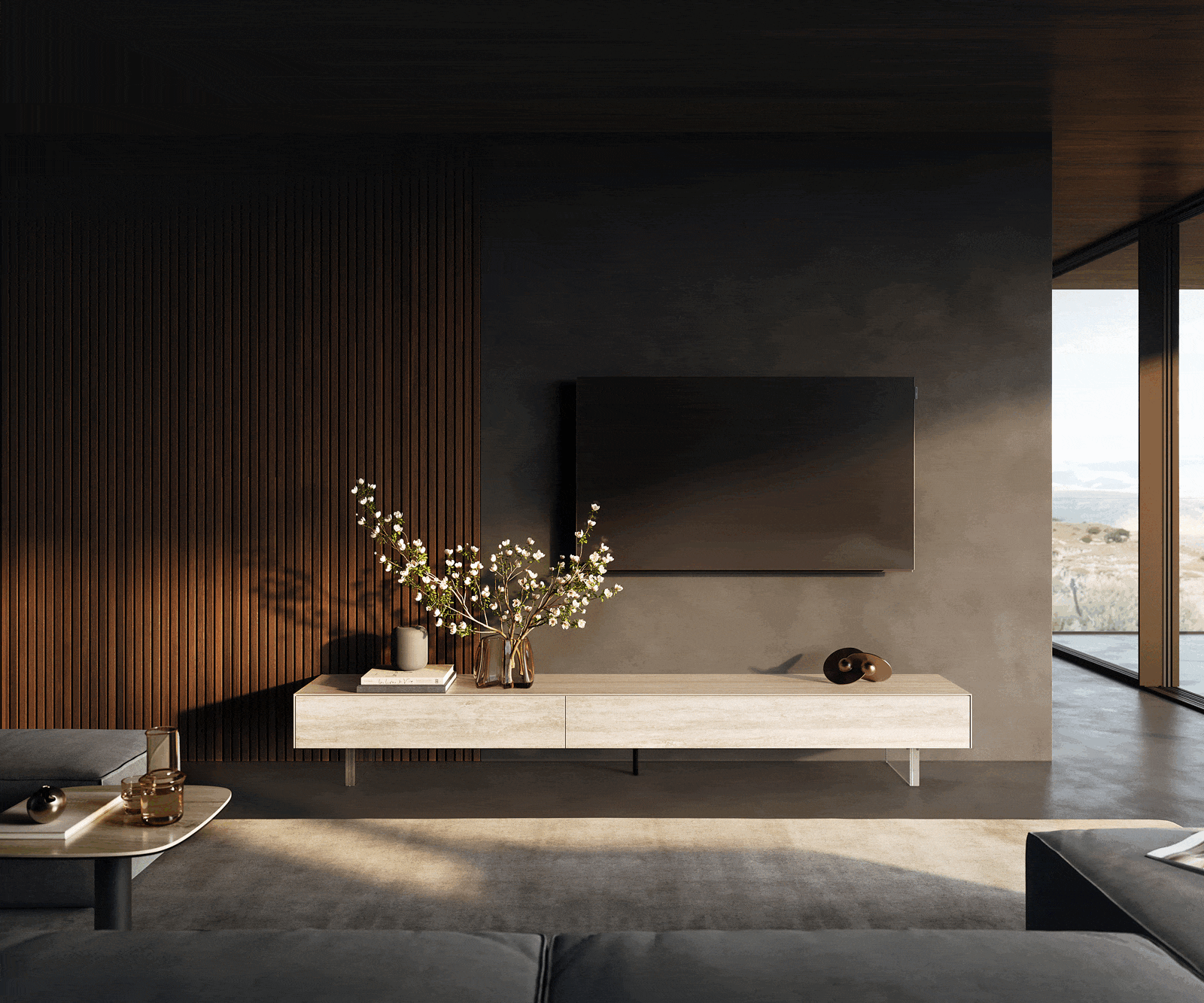 Meuble-TV Cuor 250 cm Céramique Laminam® Travertino Bianco Crème-blanc 1 Clapet 1 Tiroir Pied optique flottant Verre acrylique 1