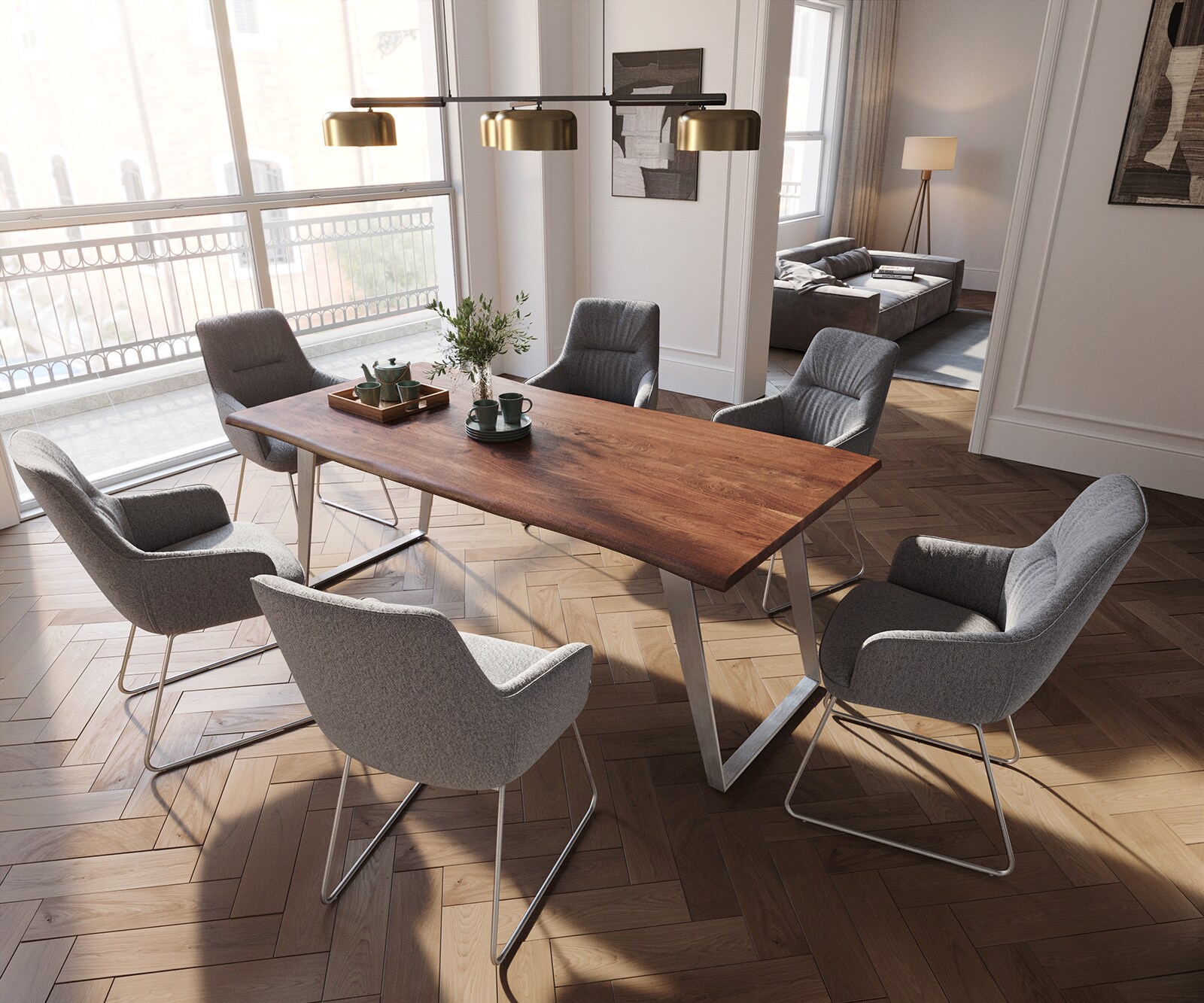 Chaise-de-salle-à-manger Zelia-Flex avec accoudoirs tissu texturé gris clair pied trapèze acier inoxydable brossé ressorts ensachés 3 Chaise-de-salle-à-manger Zelia-Flex avec accoudoirs tissu texturé gris clair pied trapèze acier inoxydable brossé ressorts ensachés 3