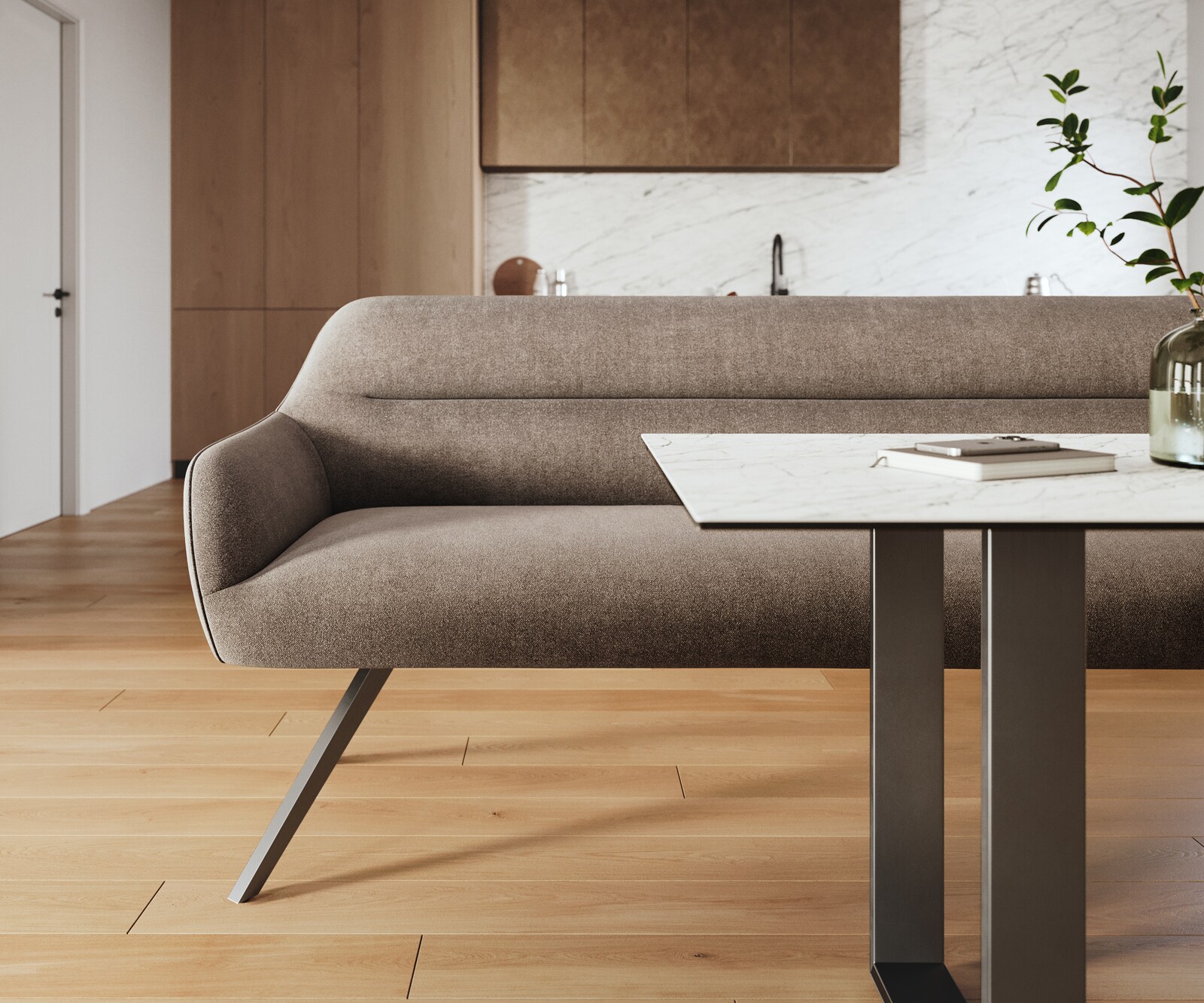 Banc-de-salle-à-manger Taya-Flex 200 cm tissu structuré doux taupe pied croisé angulaire noir ressort ensaché 1