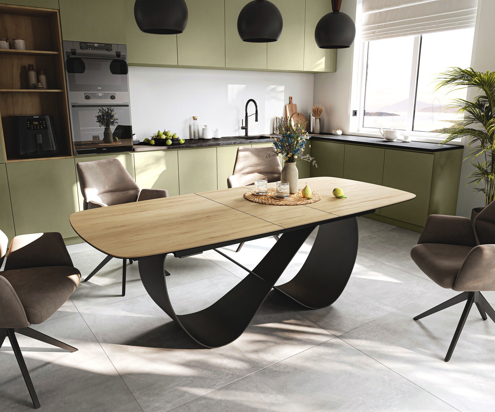 Table à manger Edge Boot 180-220x100 cm Céramique Laminam® Sabbia Eichefarbig Infinity Métal Noir extensible
