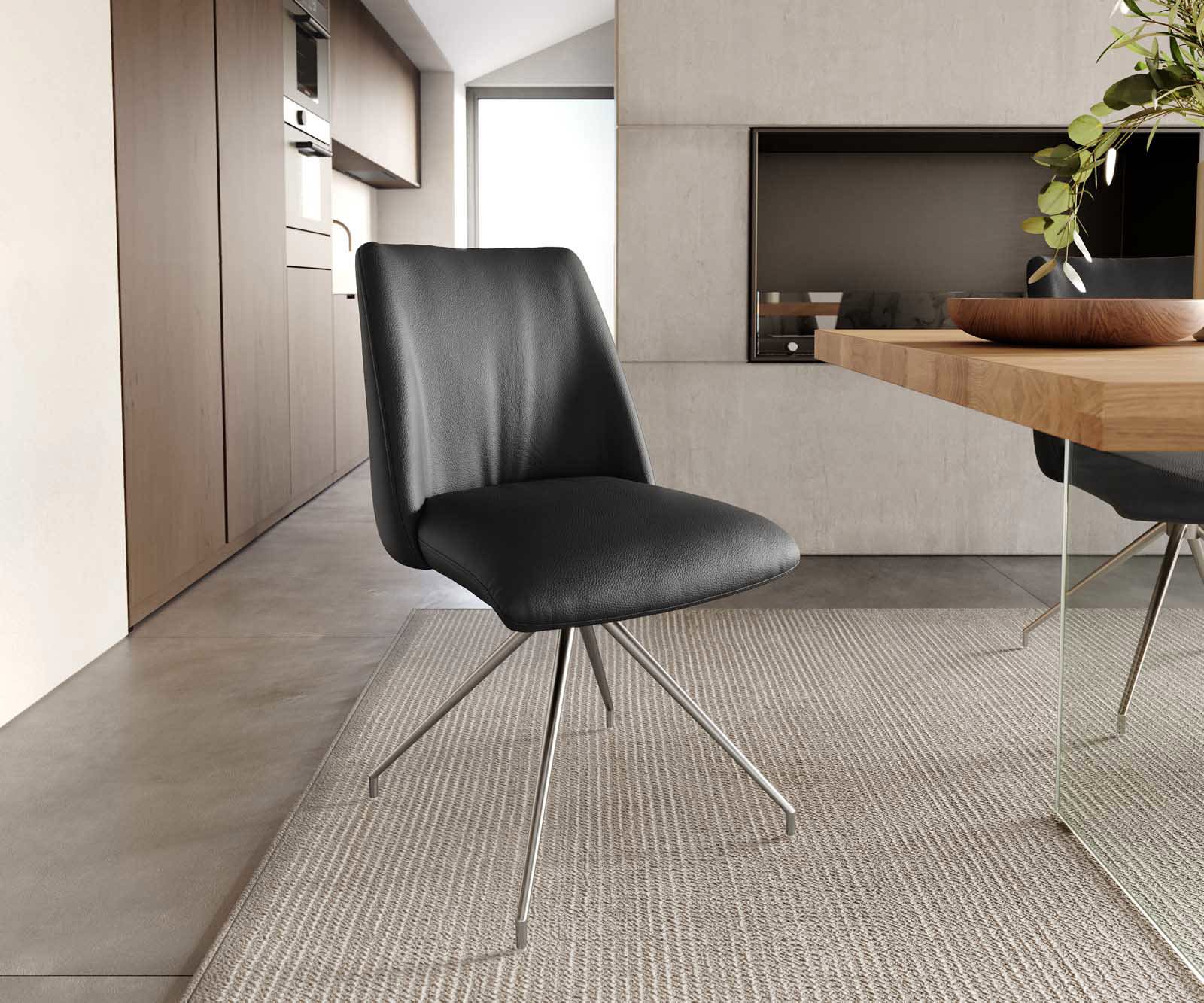 Chaise-pivotante Elso-Flex cuir de vache noir pied croisé conique acier inoxydable brossé pivotement sur 180° ressorts ensachés