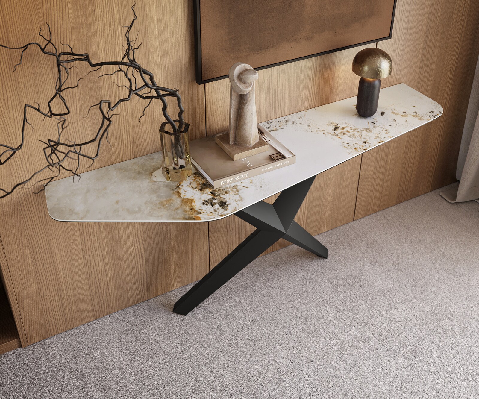 Console Edge Polygonal 180x50 cm Céramique Minas Melange Weiß-Beige Zentharo Métal Noir 1