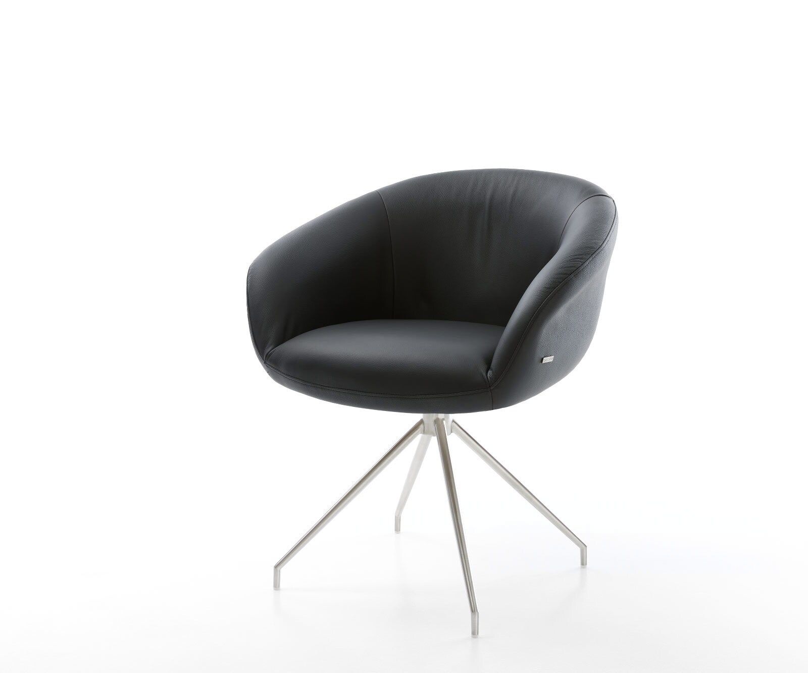 Chaise-pivotante Vinka-Flex avec accoudoirs cuir de vache noir pied croisé conique acier inoxydable brossé pivotement sur 180° ressorts ensachés