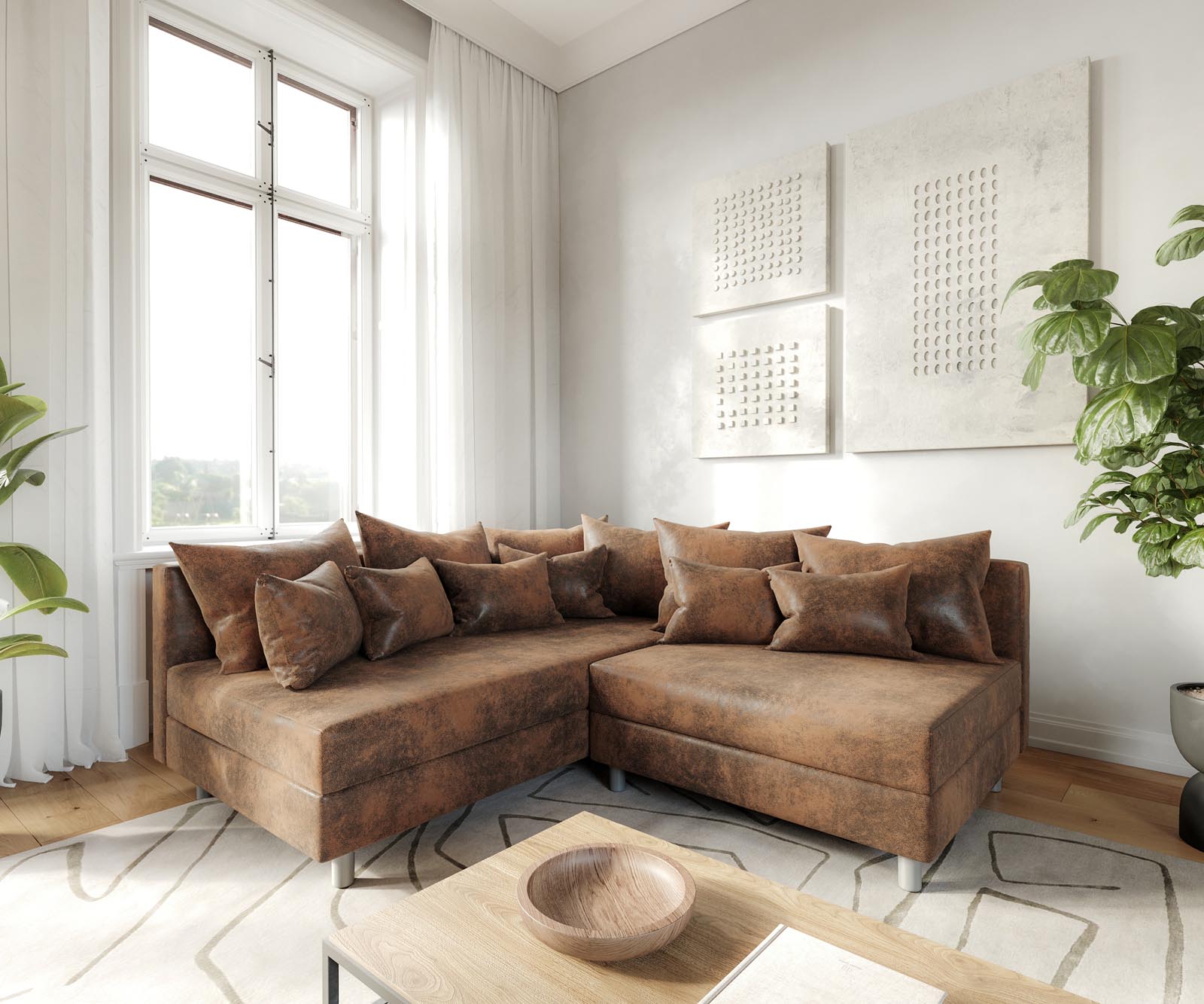 Canapé d'angle Clovis marron aspect antique ottoman gauche canapé module Canapé d'angle Clovis marron aspect antique ottoman gauche canapé module