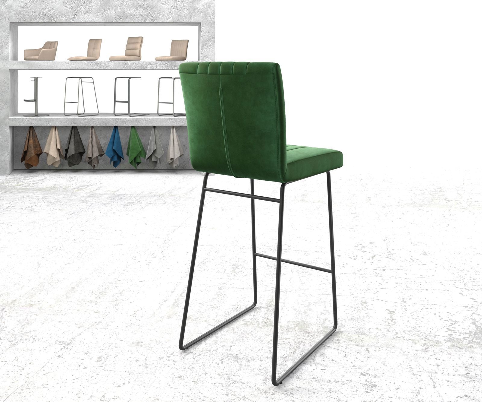 Chaise-de-bar Luiga-Flex velours vert cadre de patins métal 2 Chaise-de-bar Luiga-Flex velours vert cadre de patins métal 2