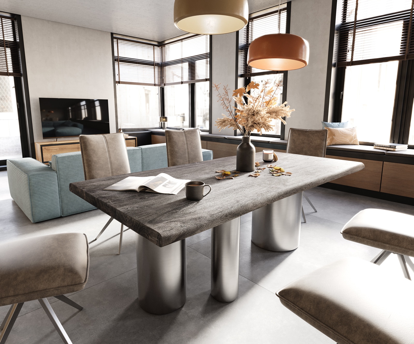 Table à manger Edge 200x100 XL acacia platine Troa acier inoxydable brossé Live-Edge 1