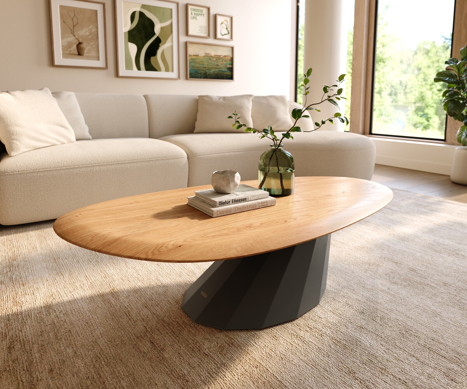 Table basse Edge Oval 140x75 cm chêne naturel bord arrondi Parabi métal noir 1
