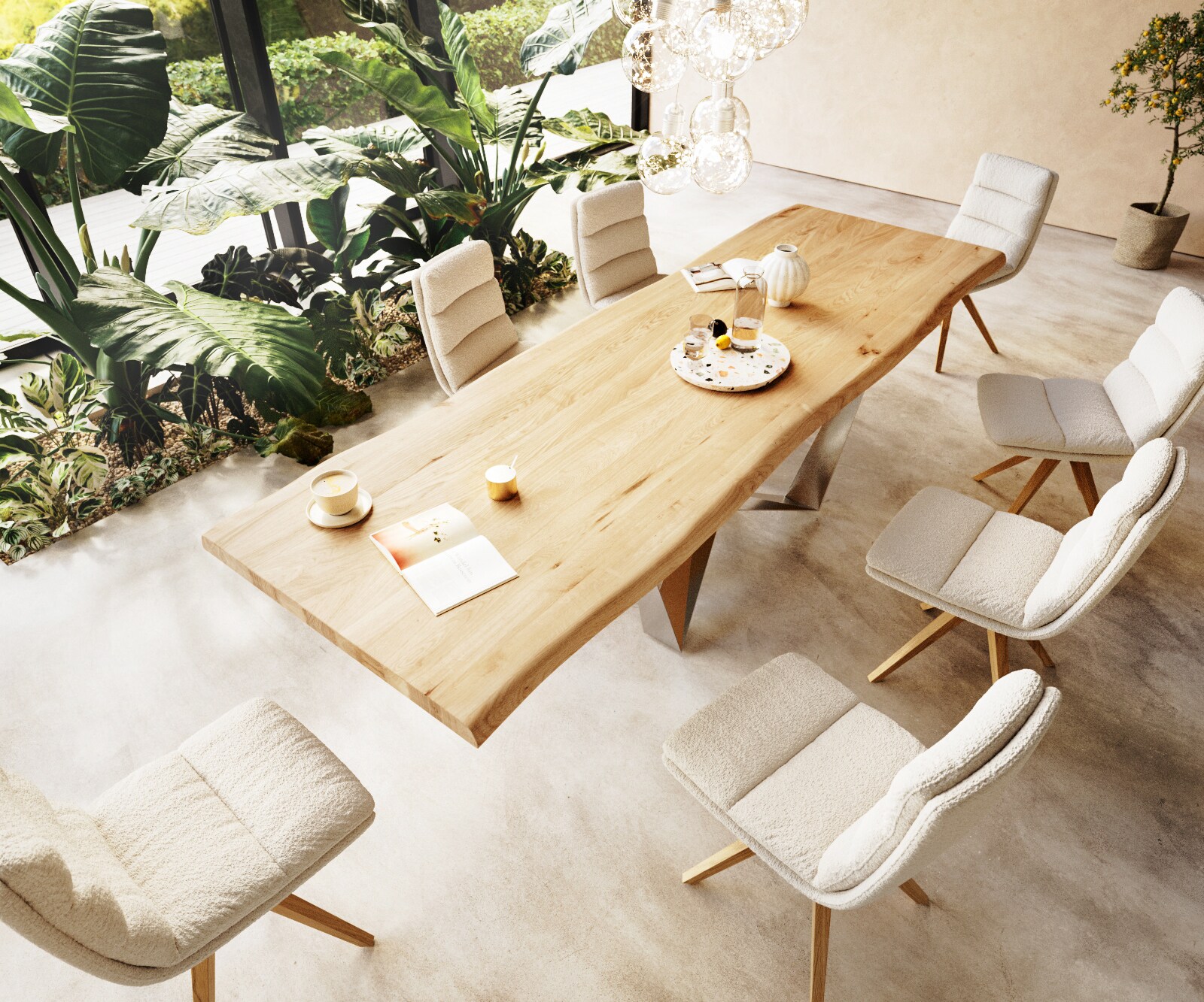 Table à manger Edge 300x100 chêne nature Spider acier plat acier inoxydable Live-Edge 2