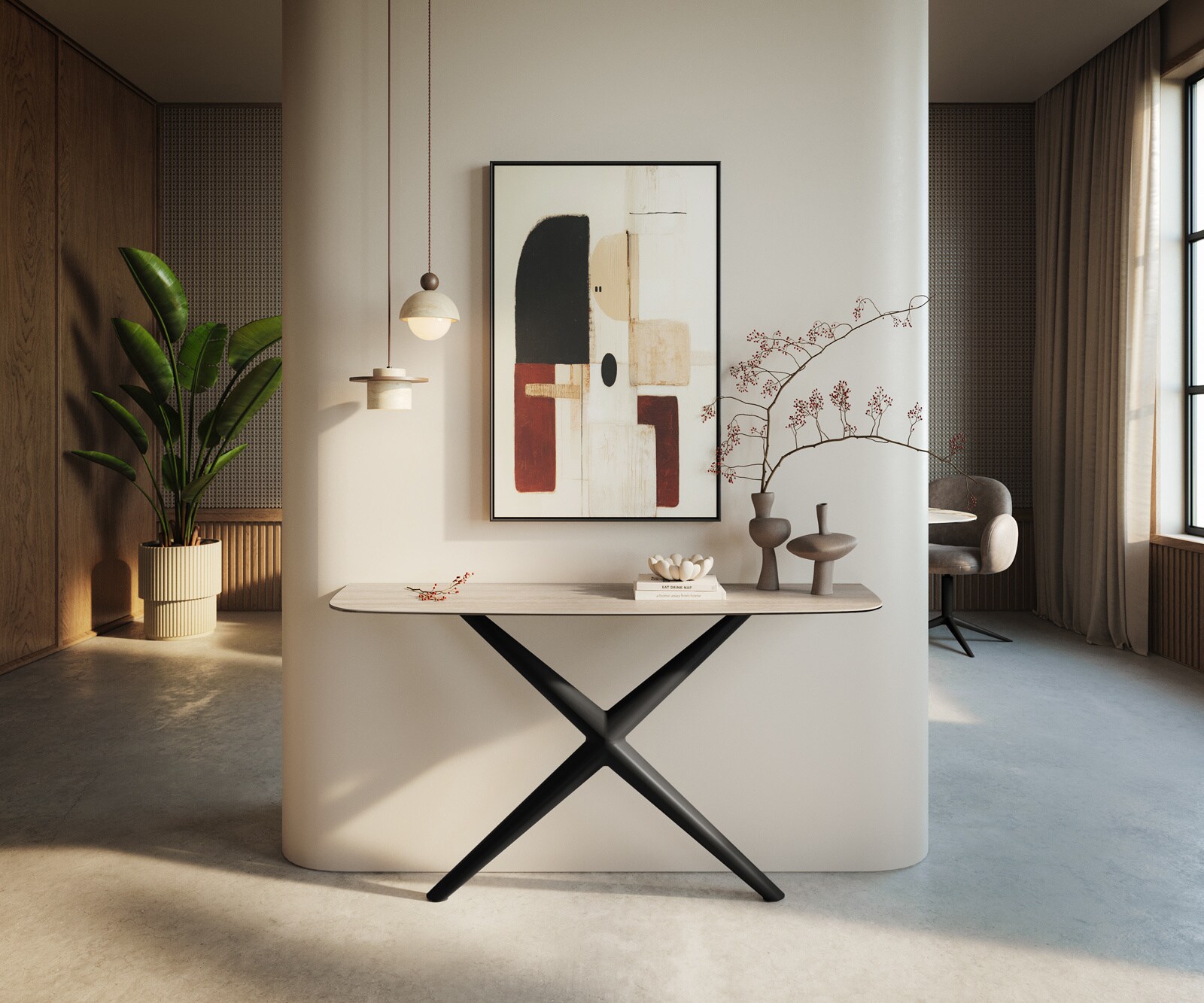 Console Edge forme bateau 140x40 cm Céramique Laminam® Travertino Bianco Creme-Weiß Estelo Métal Noir 4