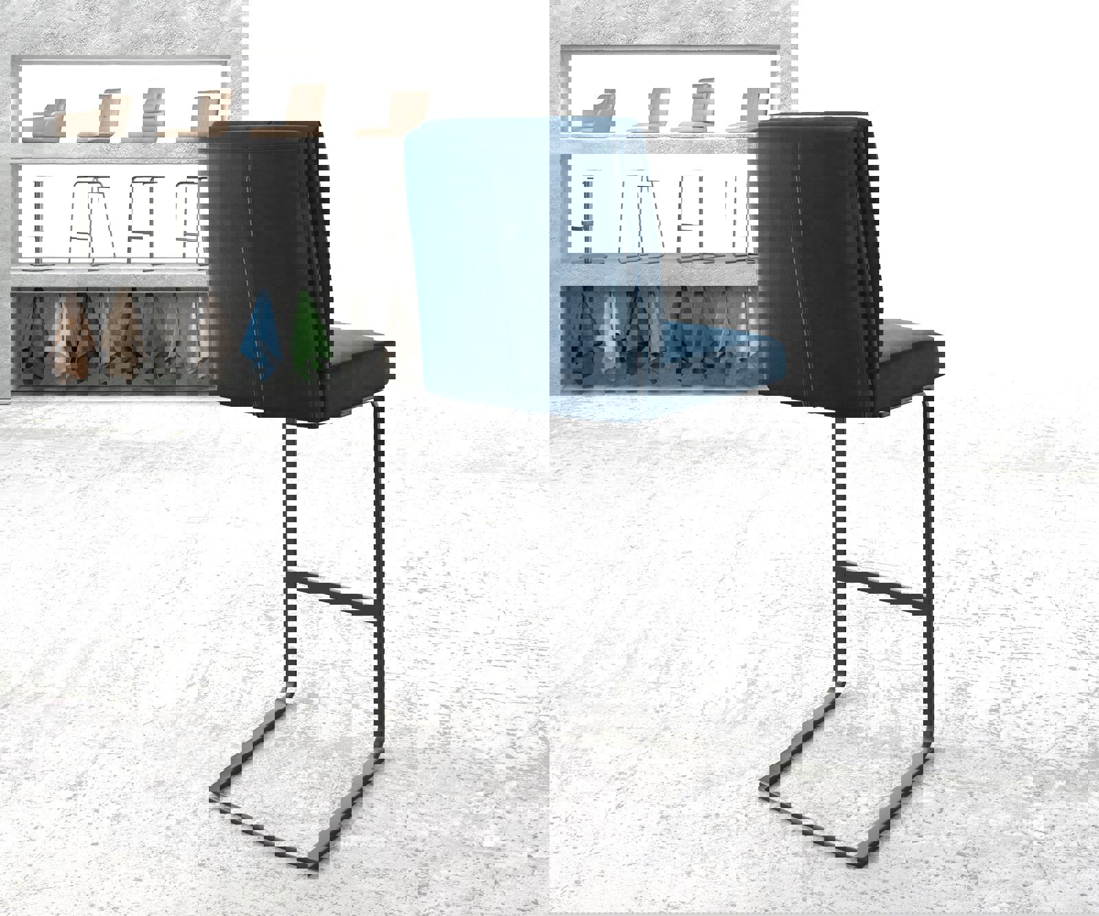 Chaise-de-bar Pela-Flex velours bleu chaise cantilever métal plat 2 Chaise-de-bar Pela-Flex velours bleu chaise cantilever métal plat 2