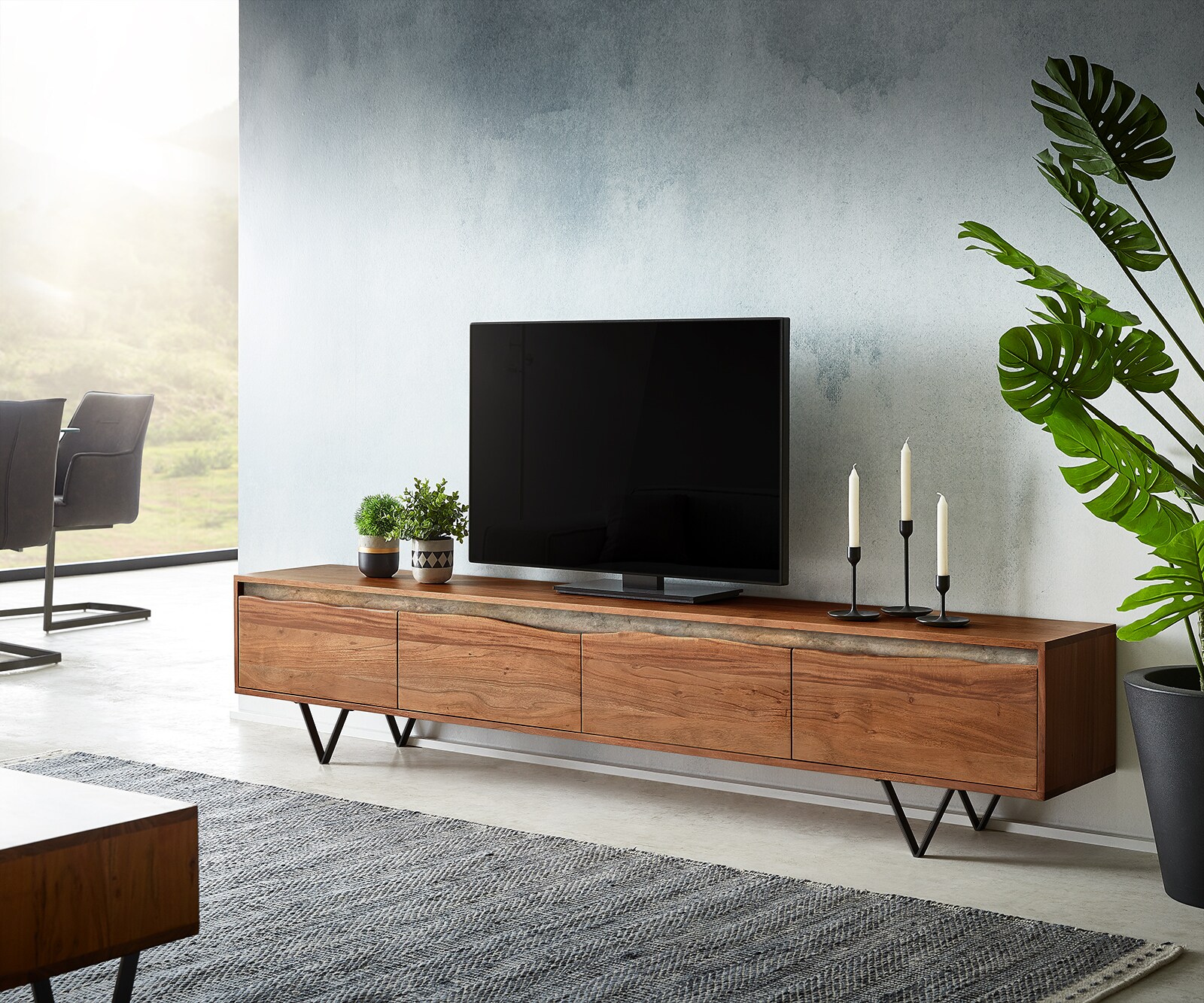 Meuble-TV Stonegrace acacia massif bord d'arbre 2