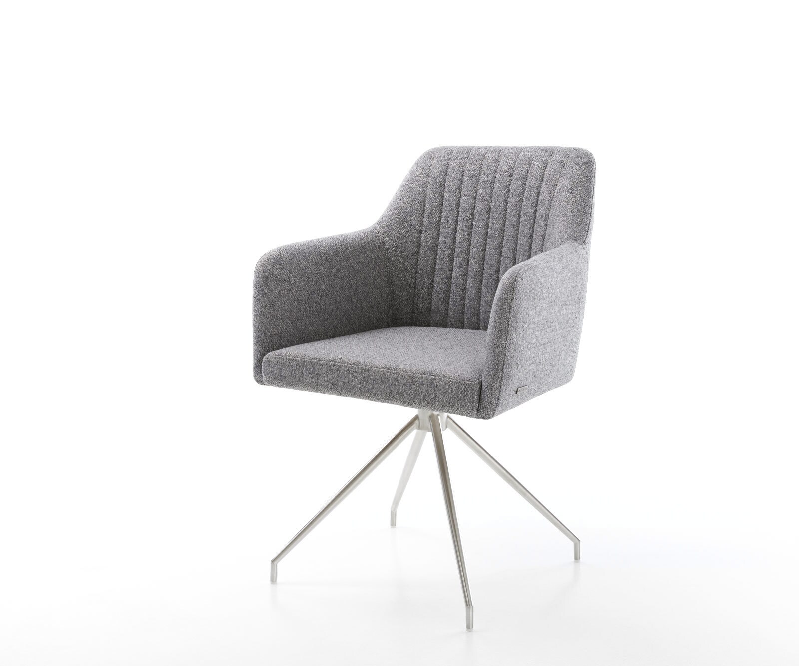 Chaise-de-salle-à-manger Greg-Flex tissu texturé gris clair pied croisé conique acier inoxydable brossé ressorts ensachés