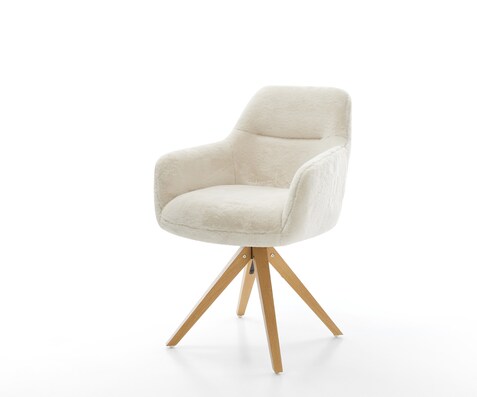 Chaise-pivotante Pejo-Flex peluche crème-blanc pied en bois angulaire naturel pivotement sur 180° resorts ensachés