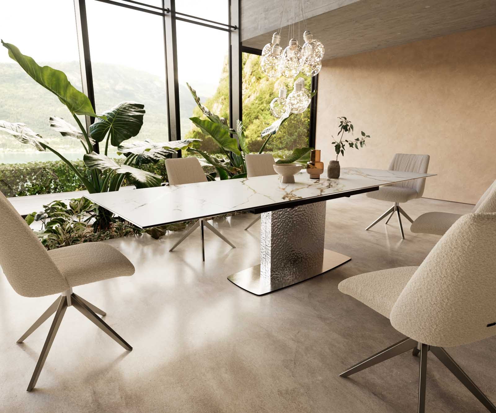 Table à manger Edge 200-300x100 céramique Calacatta Luxe blanc-doré-gris Wave acier inoxydable extensible Table à manger Edge 200-300x100 céramique Calacatta Luxe blanc-doré-gris Wave acier inoxydable extensible