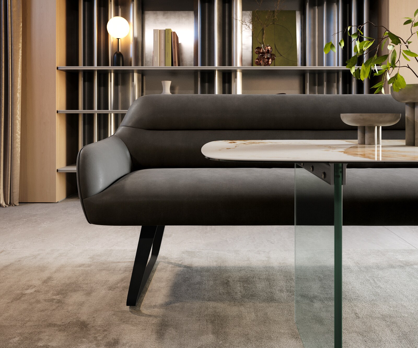 Banc-de-salle-à-manger Taya-Flex 200 cm microfibre antracite vintage châssis à patins plat noir ressort ensaché 1