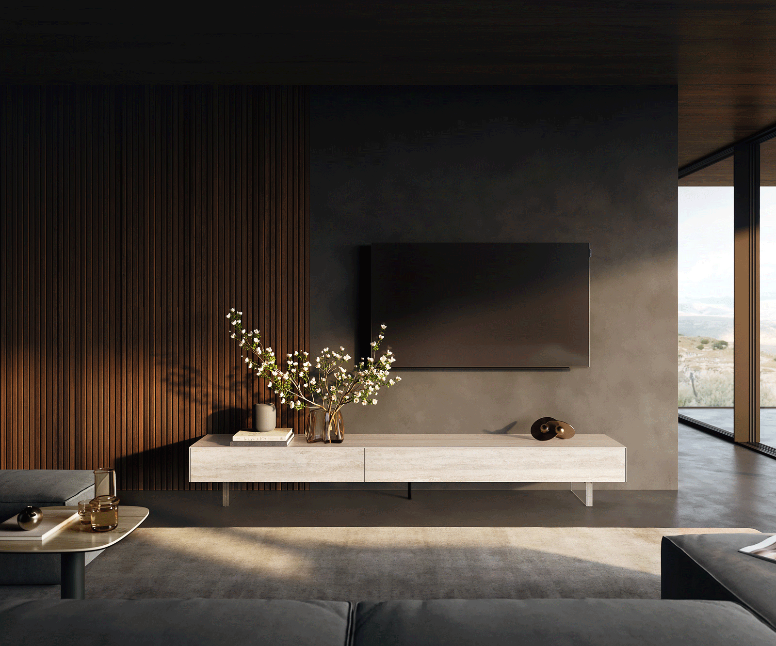 Meuble-TV Cuor 250 cm Céramique Laminam® Travertino Bianco Crème-blanc 1 Clapet 1 Tiroir Pied optique flottant Verre acrylique 2