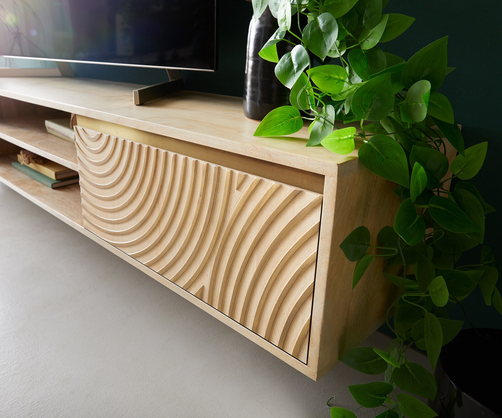 Meuble-TV Budaya 200 cm manguier naturel 2 portes fixation murale 4