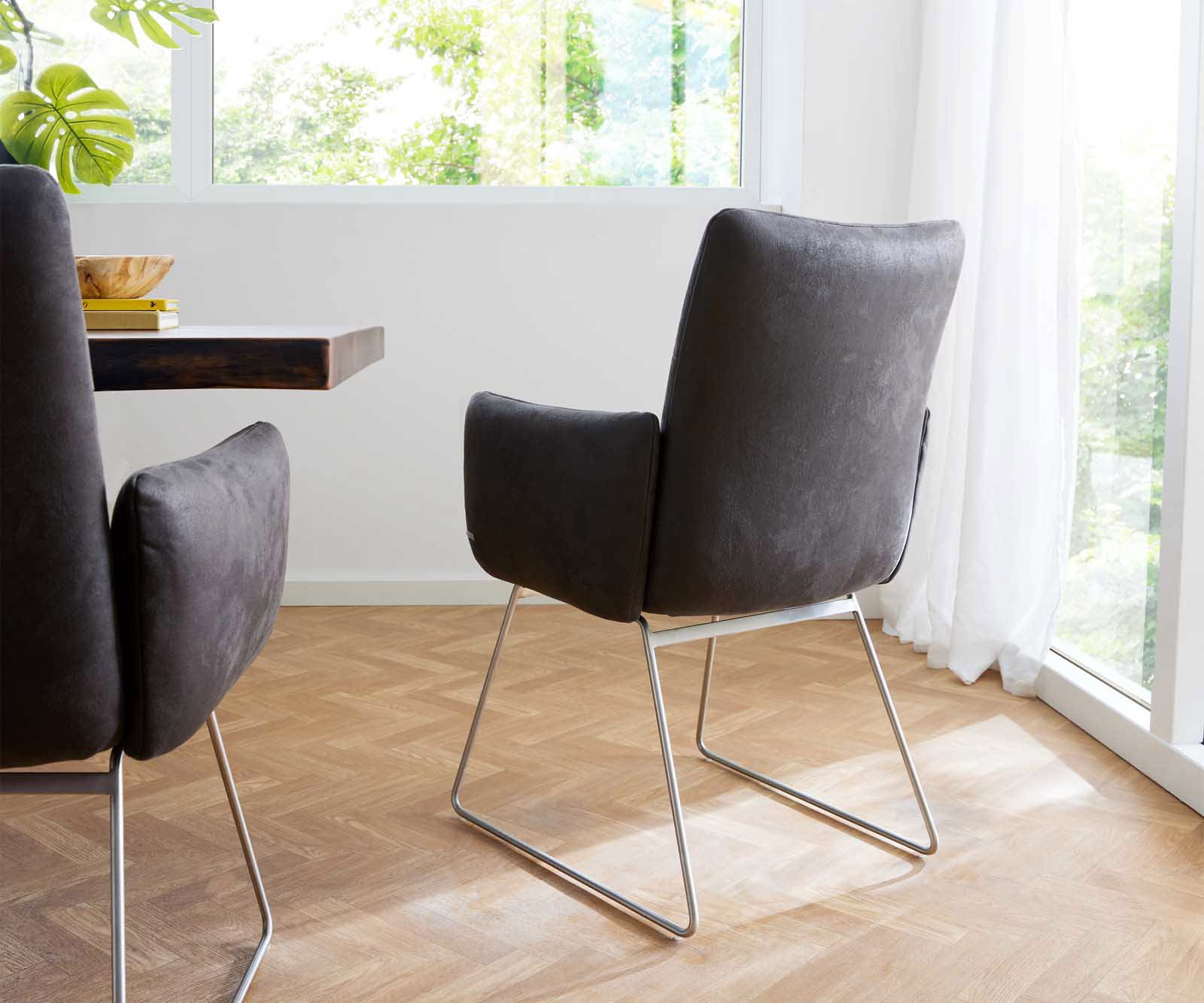 Chaise-de-salle-à-manger Jova-Flex avec accoudoirs microvelours anthracite vintage pied trapèze acier inoxydable brossé ressorts ensachés 4 Chaise-de-salle-à-manger Jova-Flex avec accoudoirs microvelours anthracite vintage pied trapèze acier inoxydable brossé ressorts ensachés 4