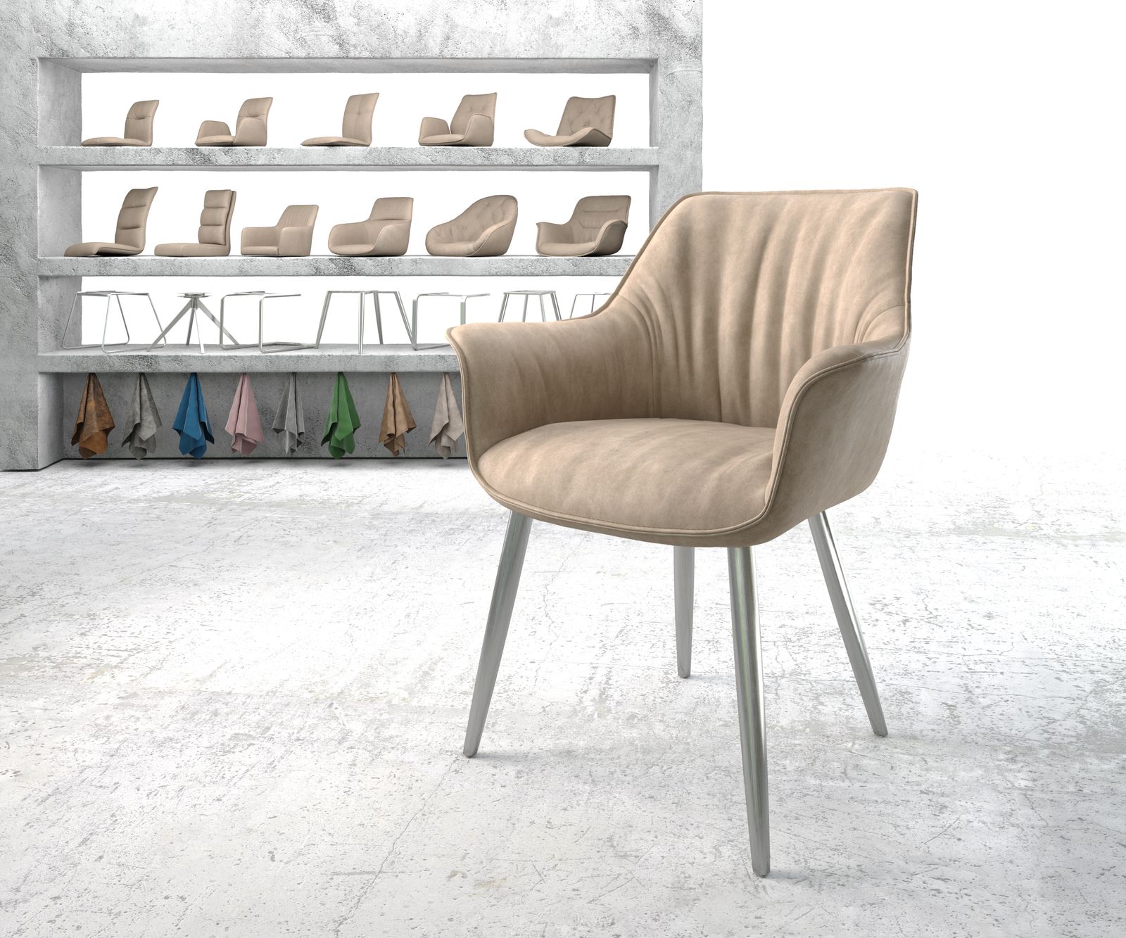 Fauteuil Keila-Flex avec accoudoirs beige vintage 4-pieds conique acier inoxydable