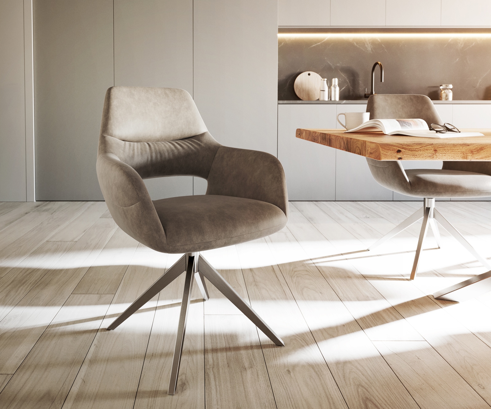 Chaise-de-salle-à-manger Yago-Flex avec accoudoirs microvelours taupe vintage pied croisé large acier inoxydable brossé ressorts ensachés Chaise-de-salle-à-manger Yago-Flex avec accoudoirs microvelours taupe vintage pied croisé large acier inoxydable brossé ressorts ensachés