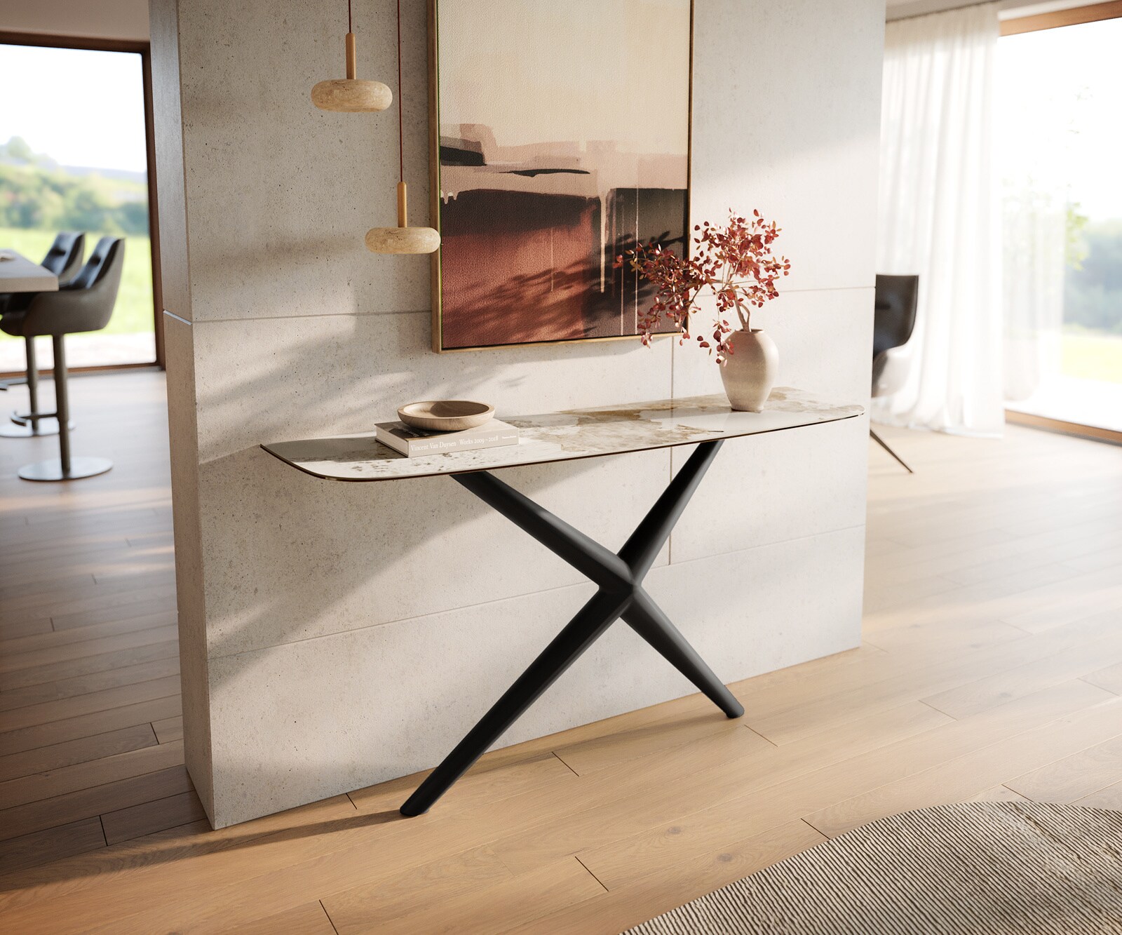 Console Edge forme bateau 140x40 cm Céramique Minas Melange Weiß-Beige Estelo Métal Noir