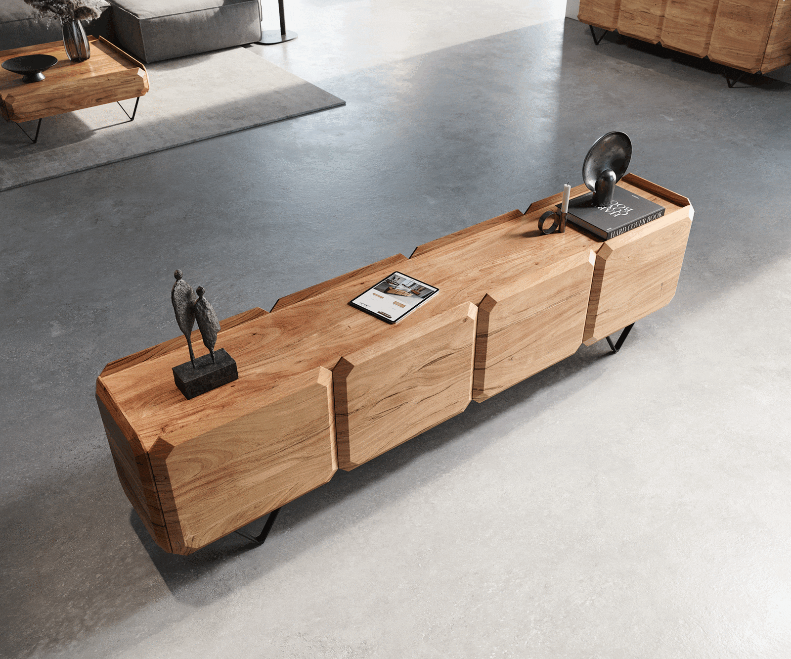 Meuble-bas Kiano 220 cm Acacia Nature 4 Portes Pied en V Noir Séparateur de pièce 2 Meuble-bas Kiano 220 cm Acacia Nature 4 Portes Pied en V Noir Séparateur de pièce 2