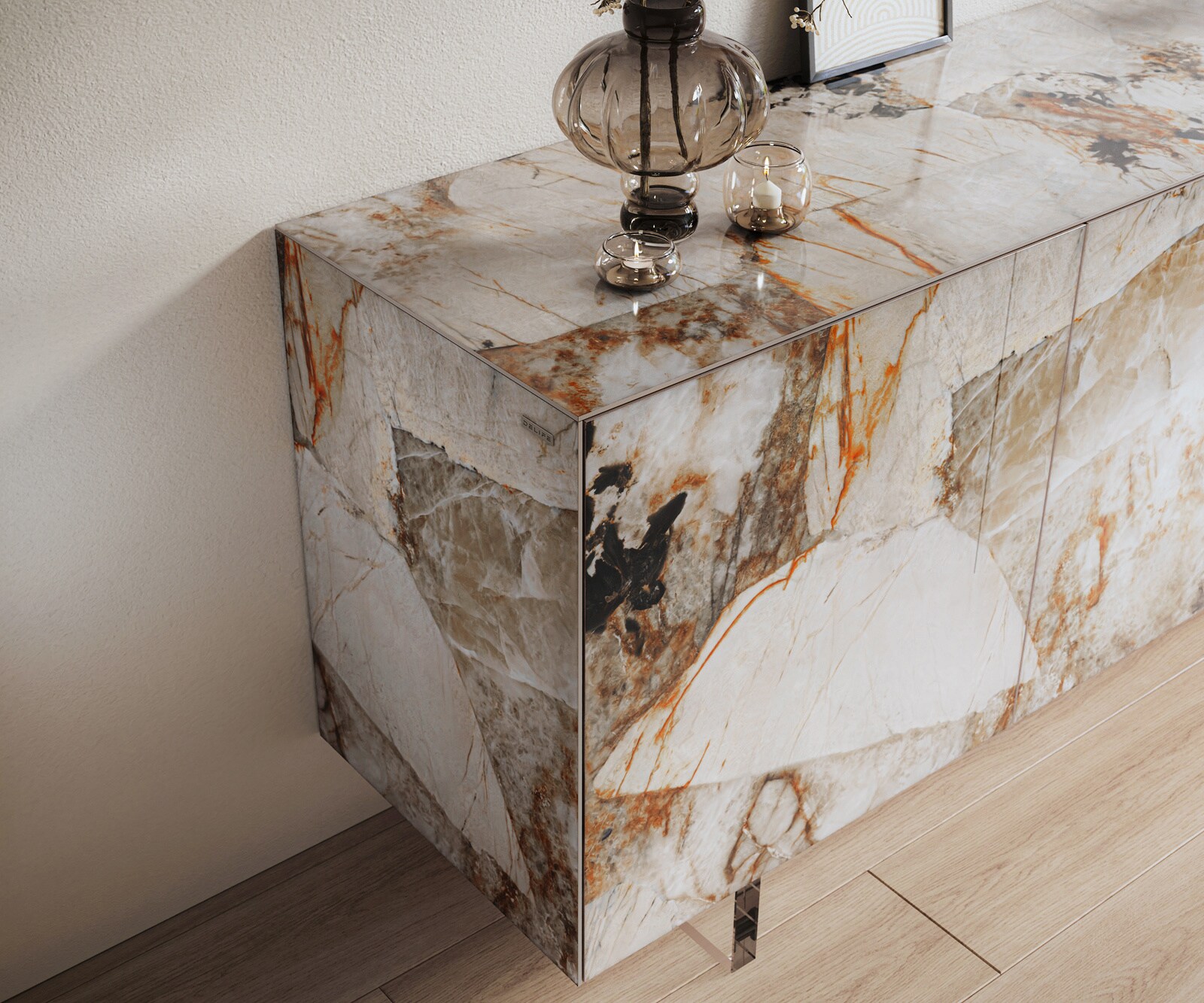 Buffet Cuor 180 cm Céramique Patagonia raffinée 2 Portes 3 Tiroirs Pied optique flottant Verre acrylique 6