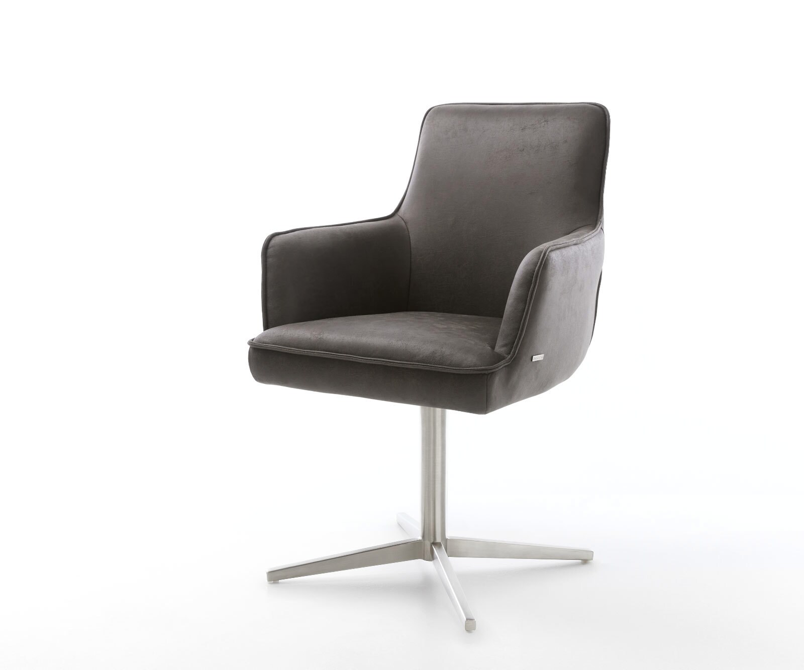 Chaise-pivotante Heira-Flex avec accoudoirs microvelours anthracite vintage pied de chaise 4 branches acier inoxydable brossé pivotement sur 360° ressorts ensachés