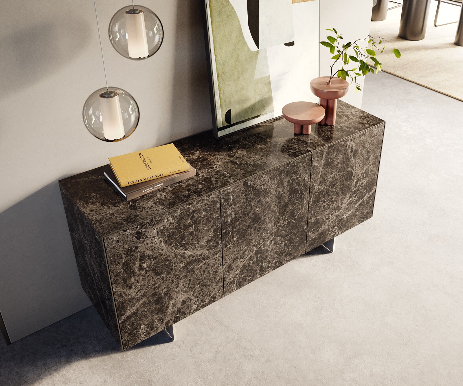 Buffet Cuor 150 cm Céramique Emperador Extra Lucidato brun foncé 3 Portes Pied optique flottant Ancier inoxydable 4