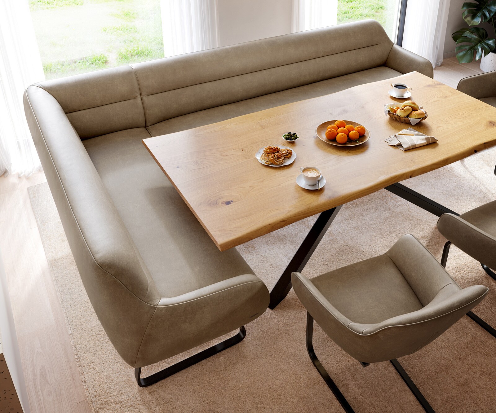 Banc-de-salle-à-manger Taya-Flex 285x190 cm microfibre beige vintage châssis à patins plat noir ressort ensaché à droite 4