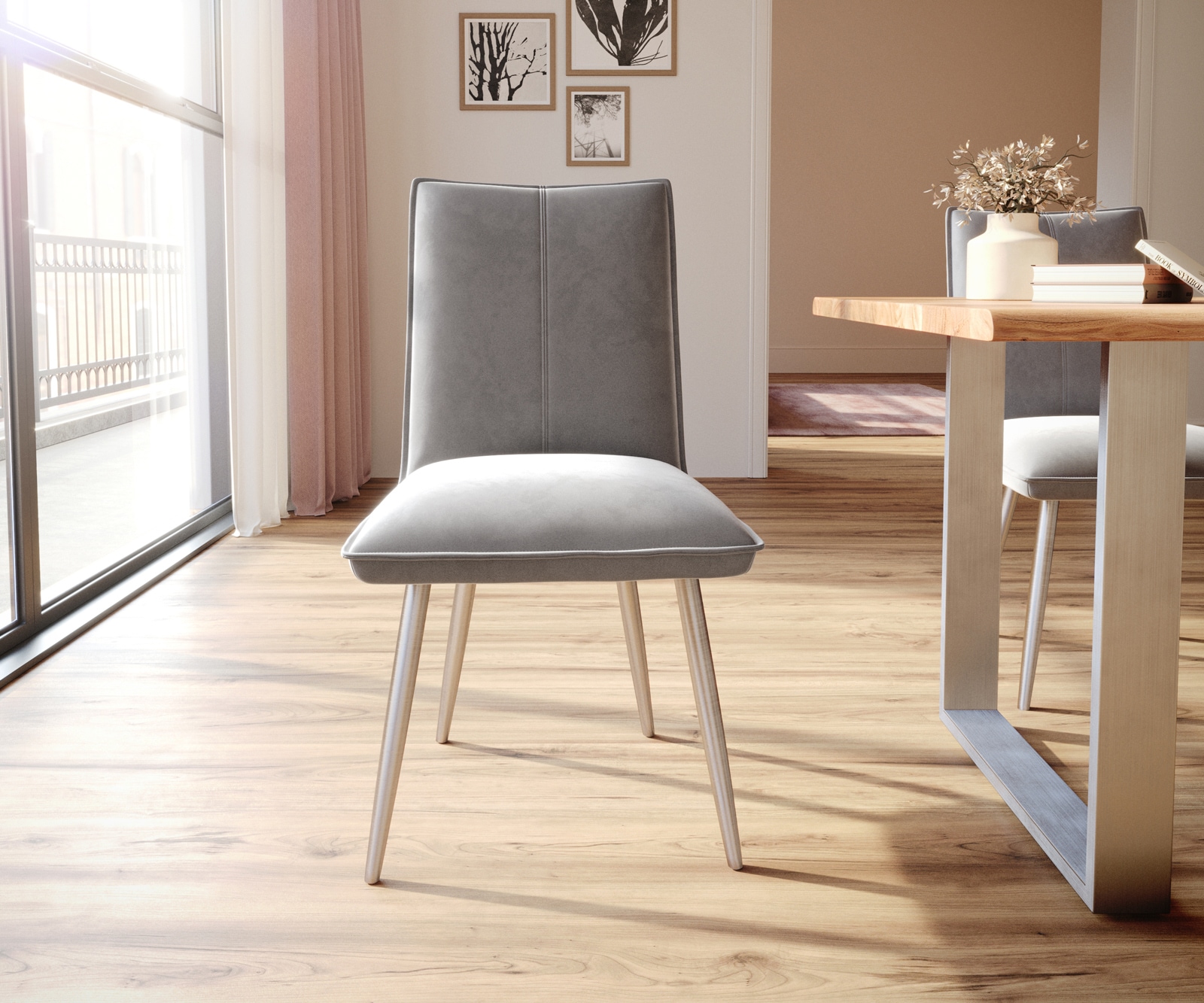 Chaise-de-salle-à-manger Lelio-Flex velours gris 4 pieds coniques acier inoxydable brossé ressorts ensachés 1 Chaise-de-salle-à-manger Lelio-Flex velours gris 4 pieds coniques acier inoxydable brossé ressorts ensachés 1