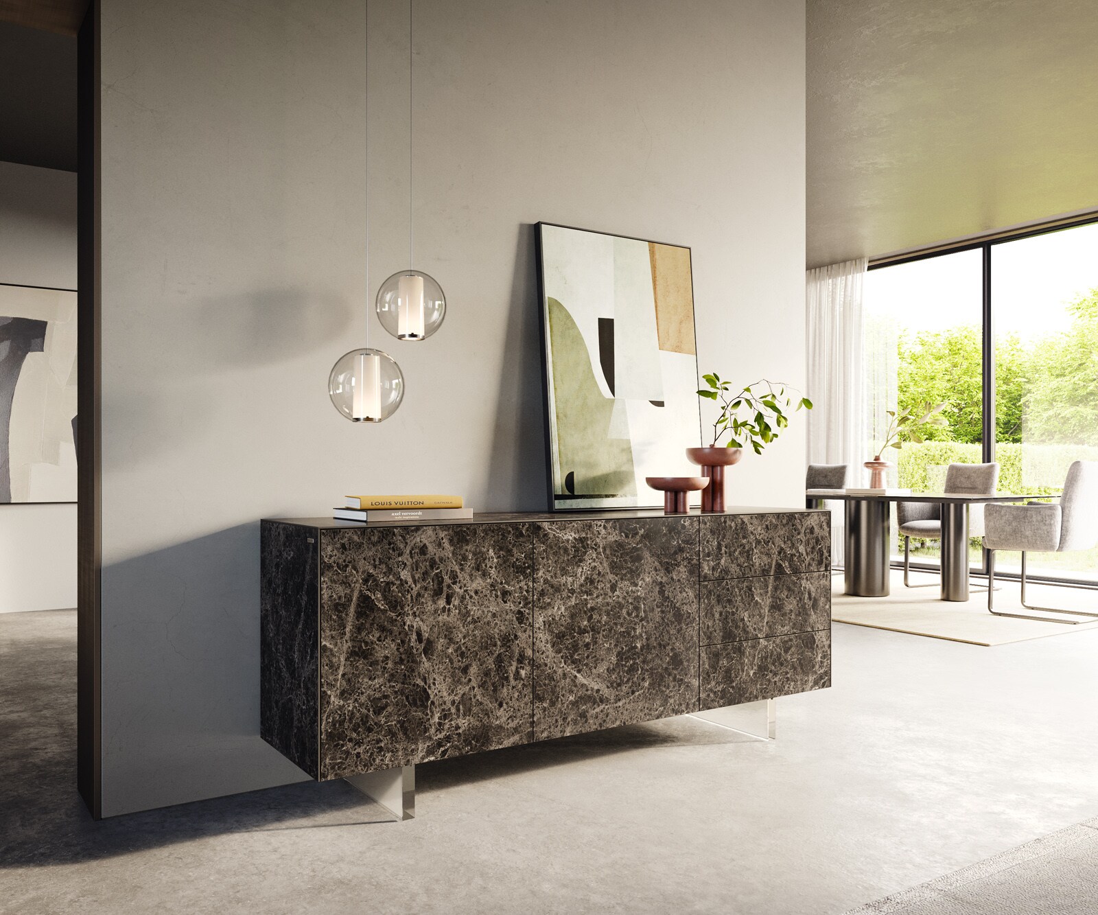 Buffet Cuor 180 cm Céramique Laminam® Emperador Extra Lucidato brun foncé 2 Portes 3 Tiroirs Pied optique flottant Verre acrylique