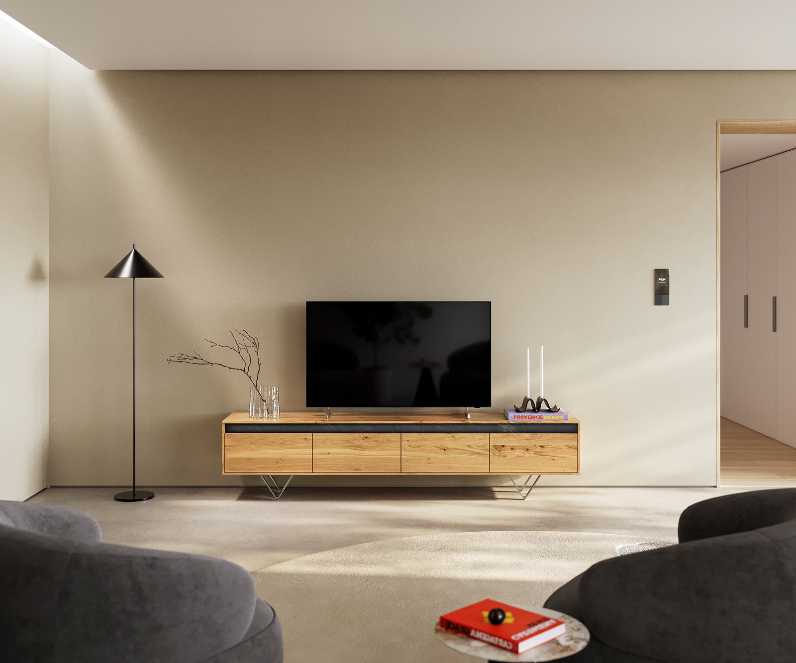 Meuble-TV design Stonegrace 200 cm chêne naturel ardoise 4 tiroirs pied en V inoxydable 1