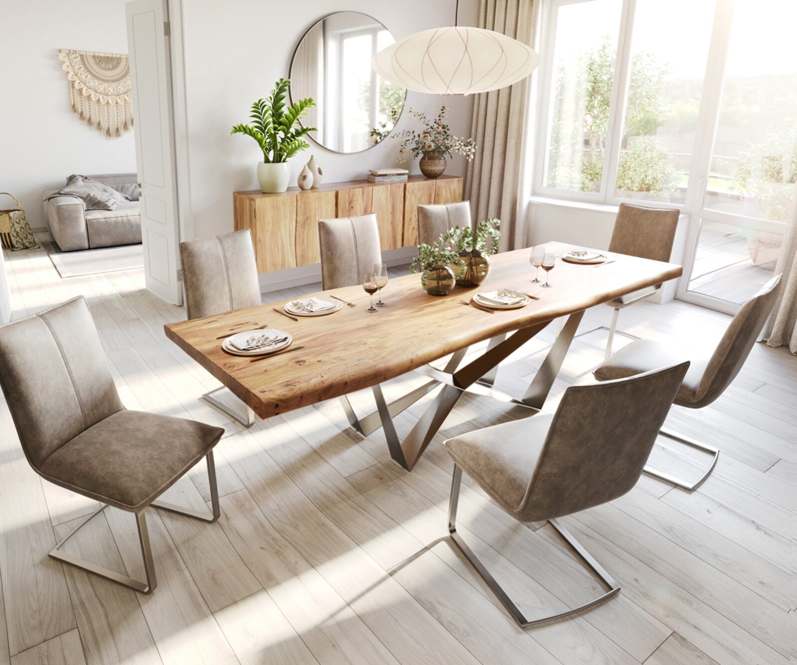 Table à manger Edge 280x100 XL acacia nature Spider acier plat acier inoxydable Live-Edge 6
