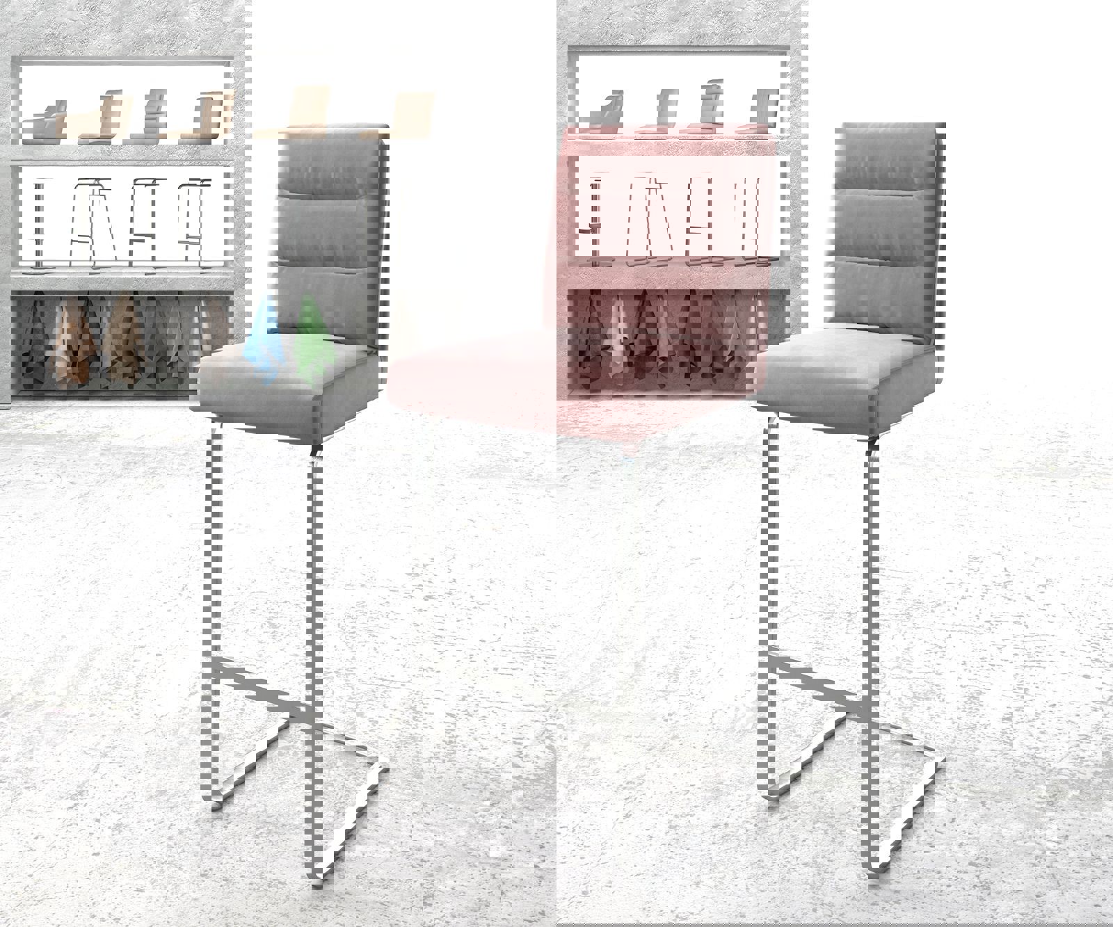 Chaise-de-bar Pela-Flex velours rosé chaise cantilever acier plat inoxydable