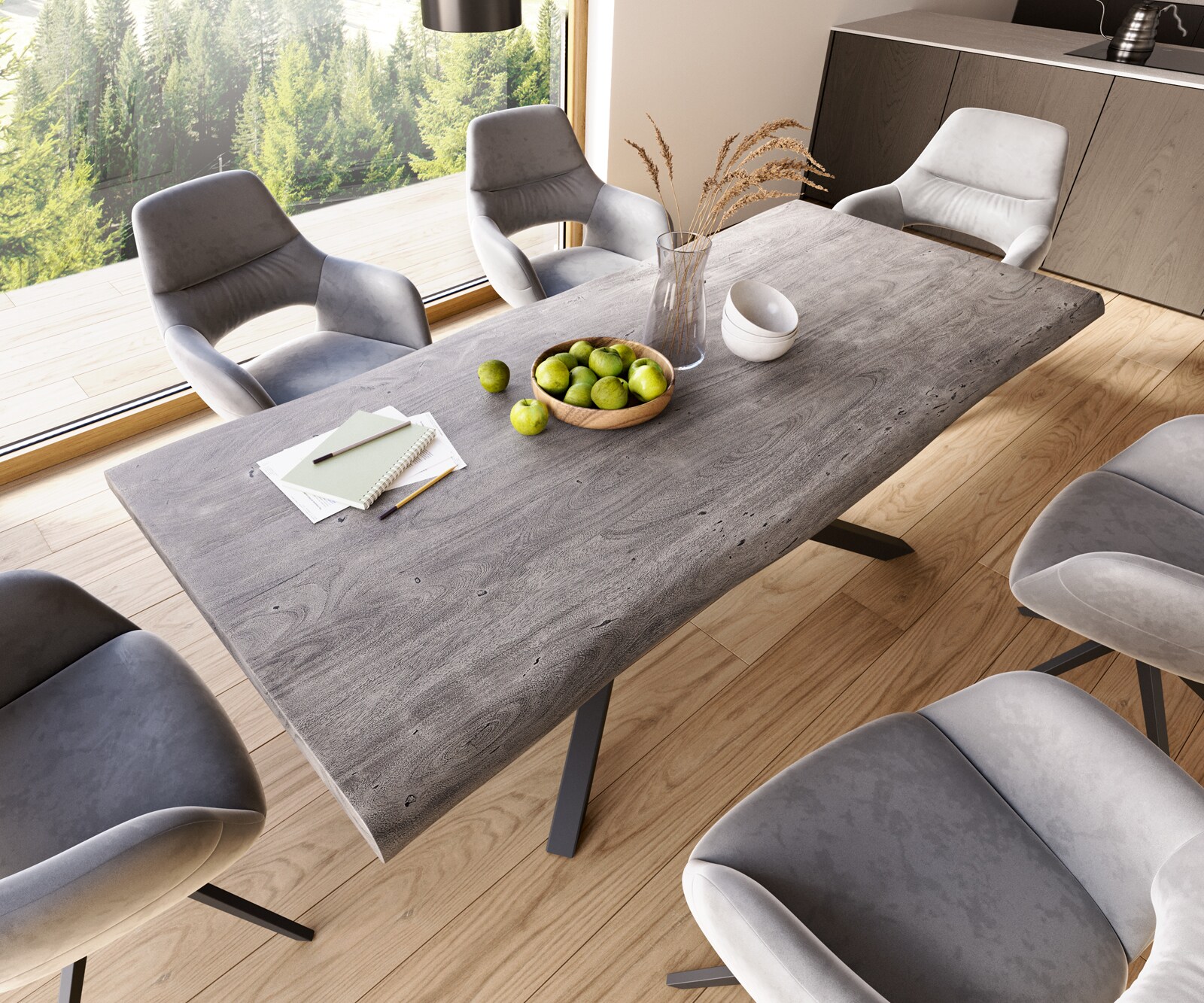 Table à manger Edge 220x100 XL acacia platine cadre croisé rectangle noir Live-Edge 4